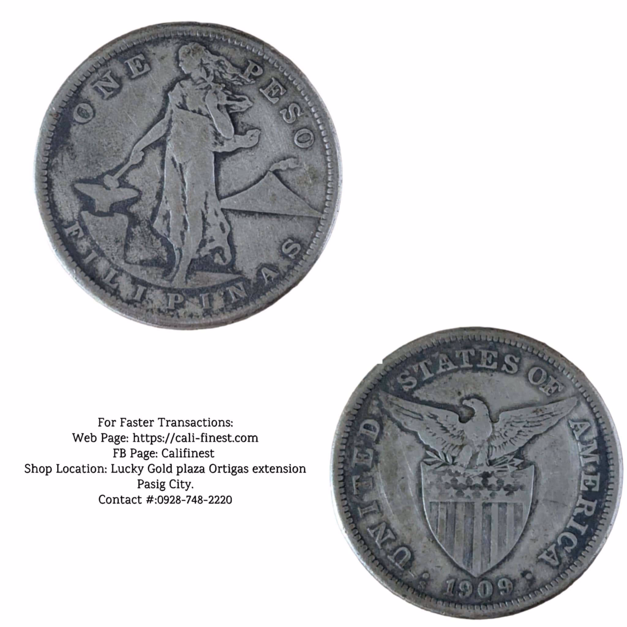 1909-S Silver One Peso coin from the Philippines under U.S. Administration, minted in San Francisco