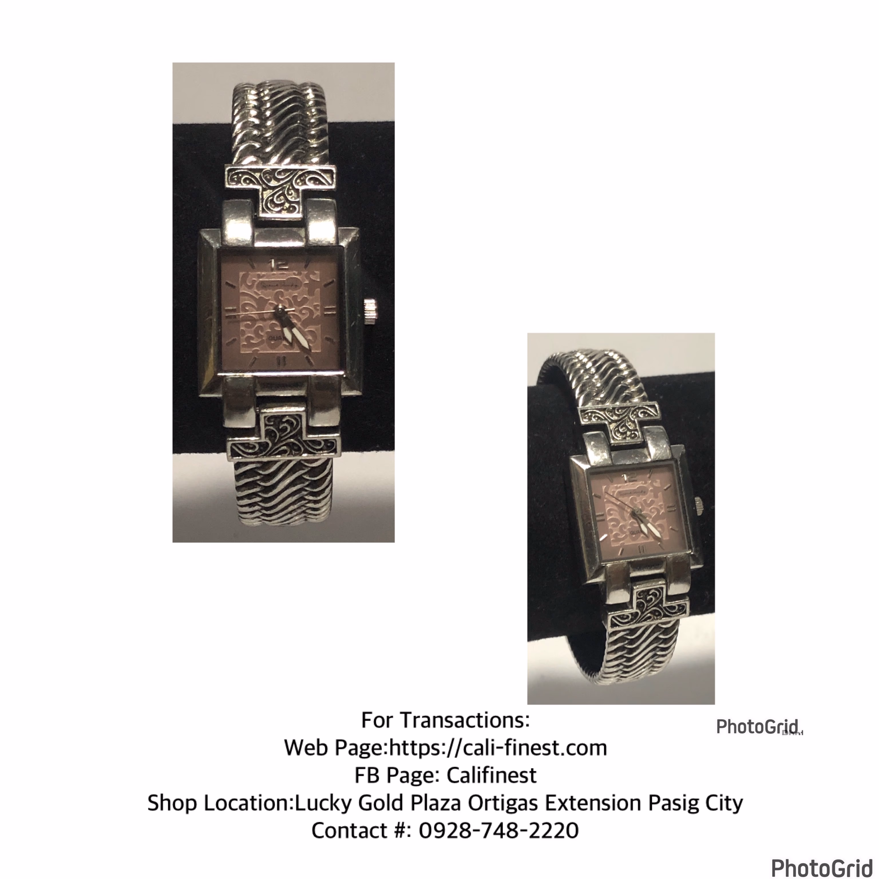 wristwatch with a silver-toned metal band and a square face