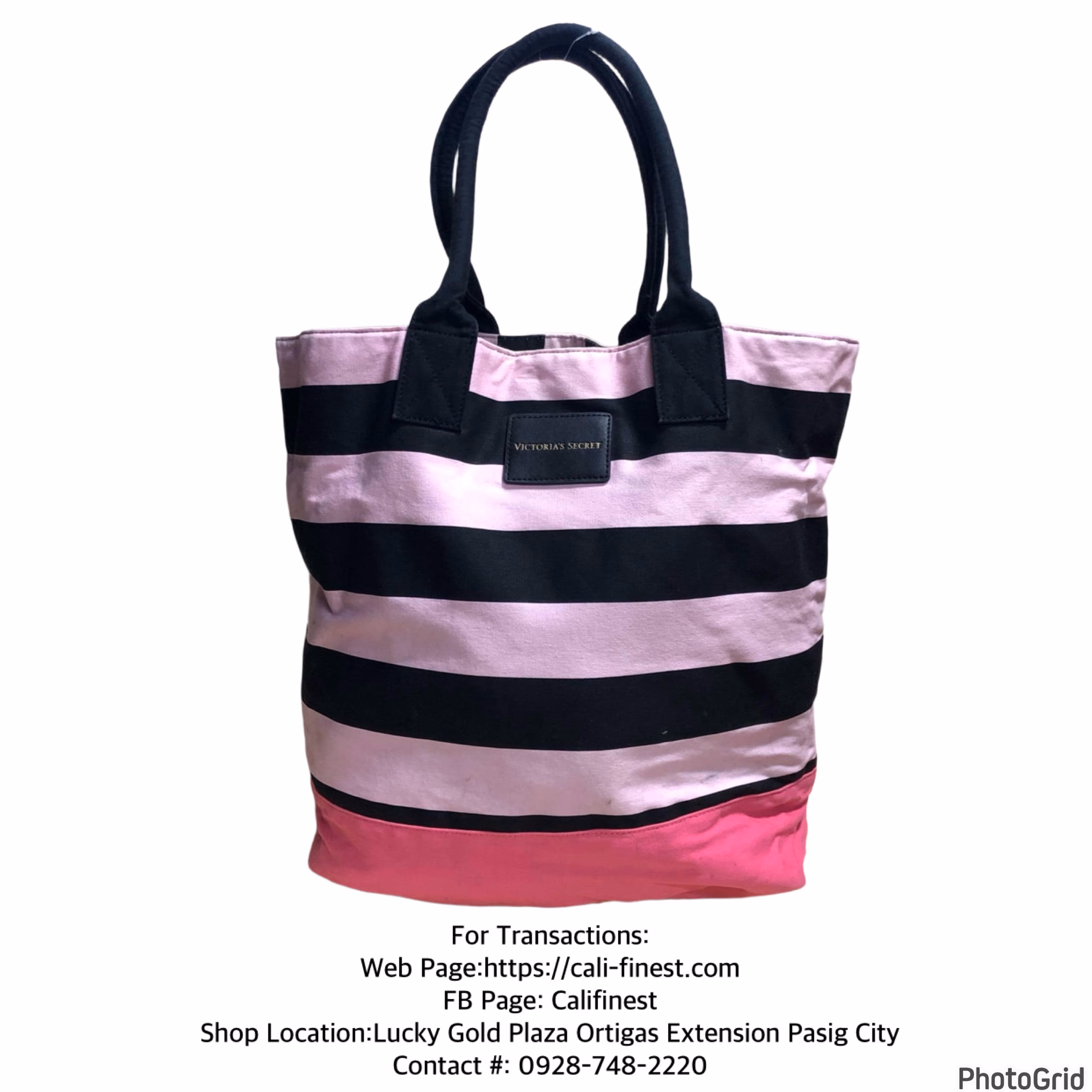 Victorias Secret Large Pink Black Striped Canvas Shoulder Bag Tote