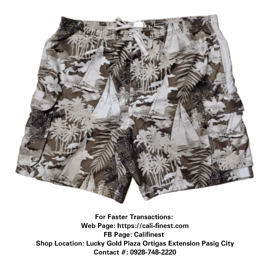 Islander Men's Print of Palm Trees and Sailboats in shades of Gray and Brown Swimshort