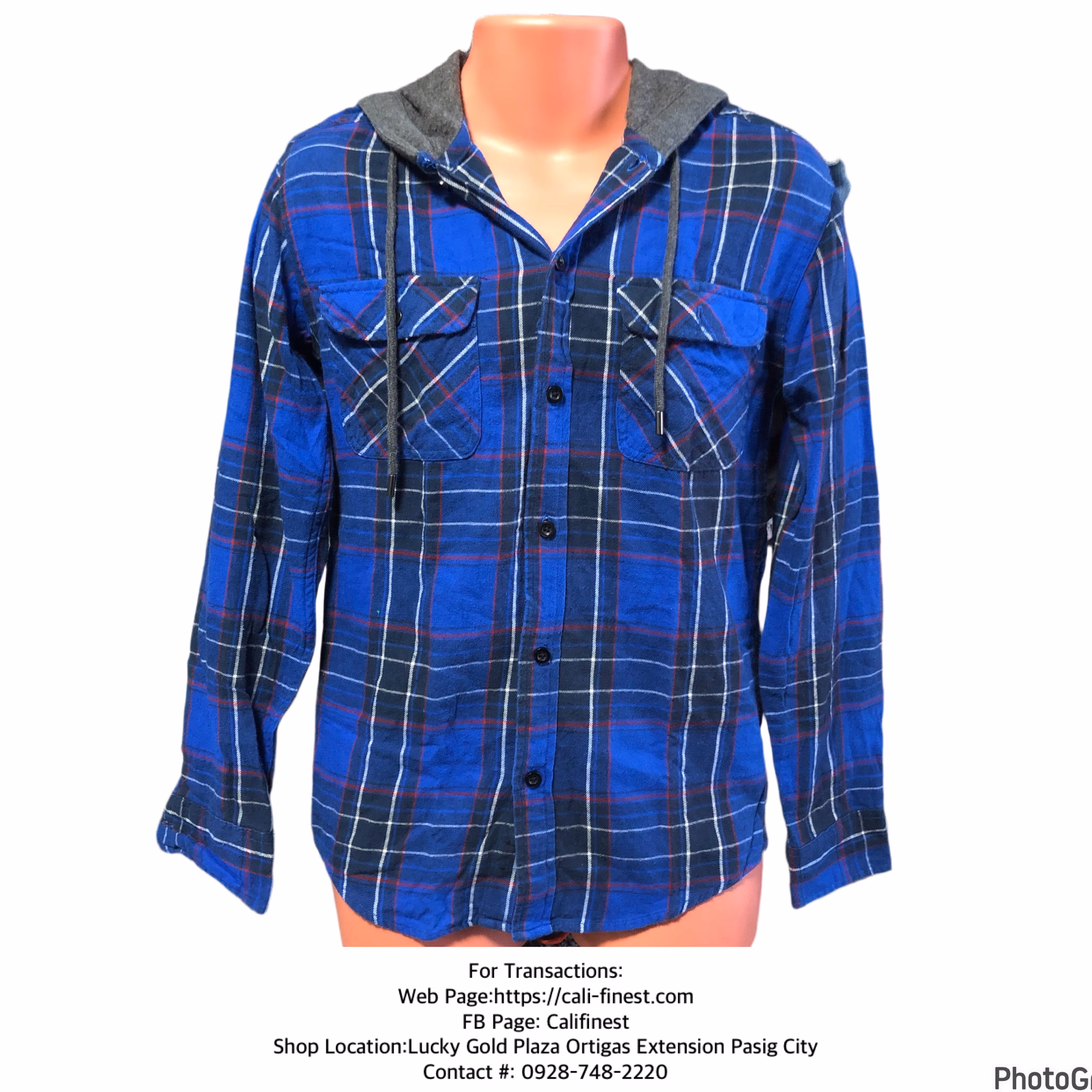 No Boundaries Blue Plaid Flannel Shirt Hoodie Men’s Long Sleeve