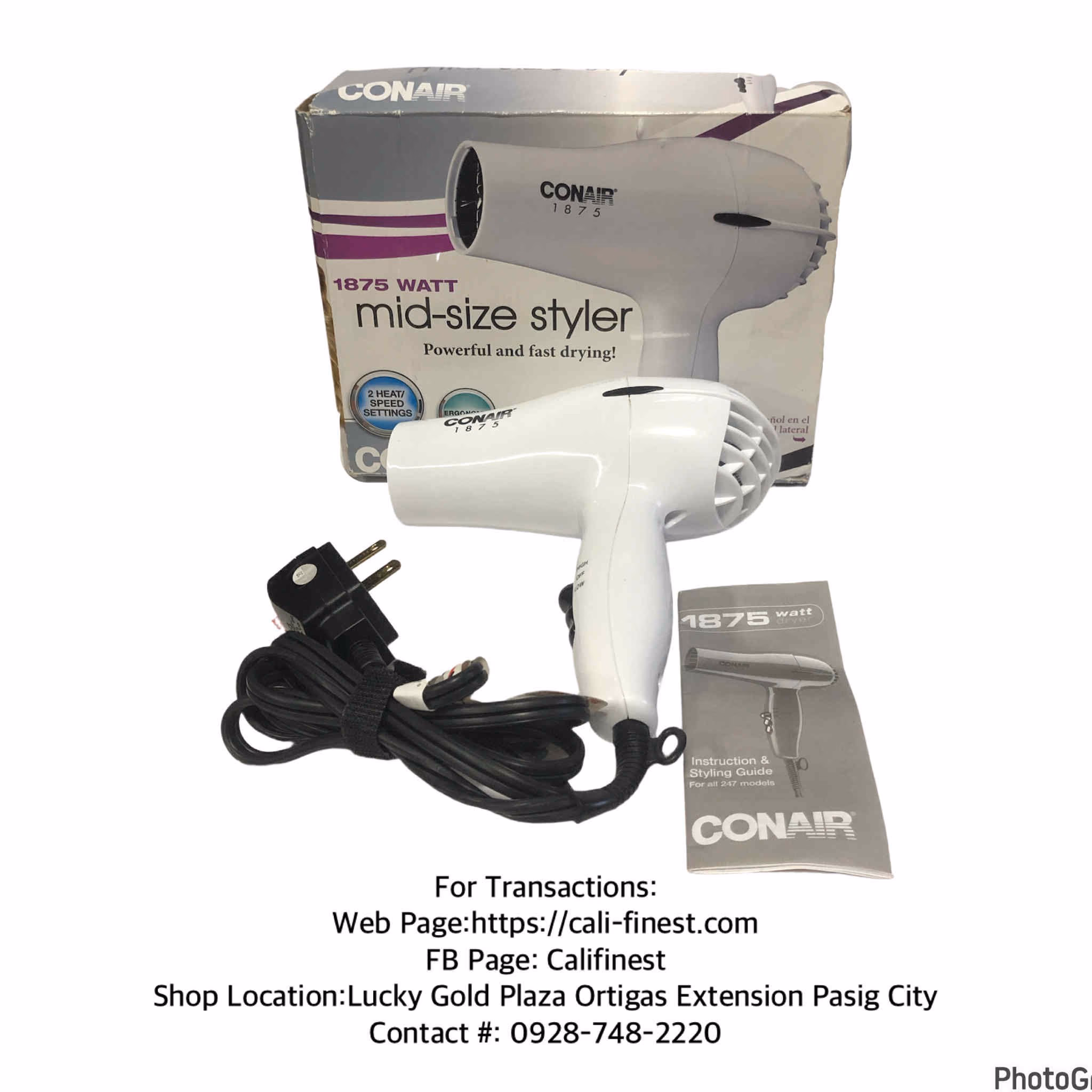 Conair 1875 Watt Mid-Size Hair Dryer WHITE ionic 247VHN compact hang fast air