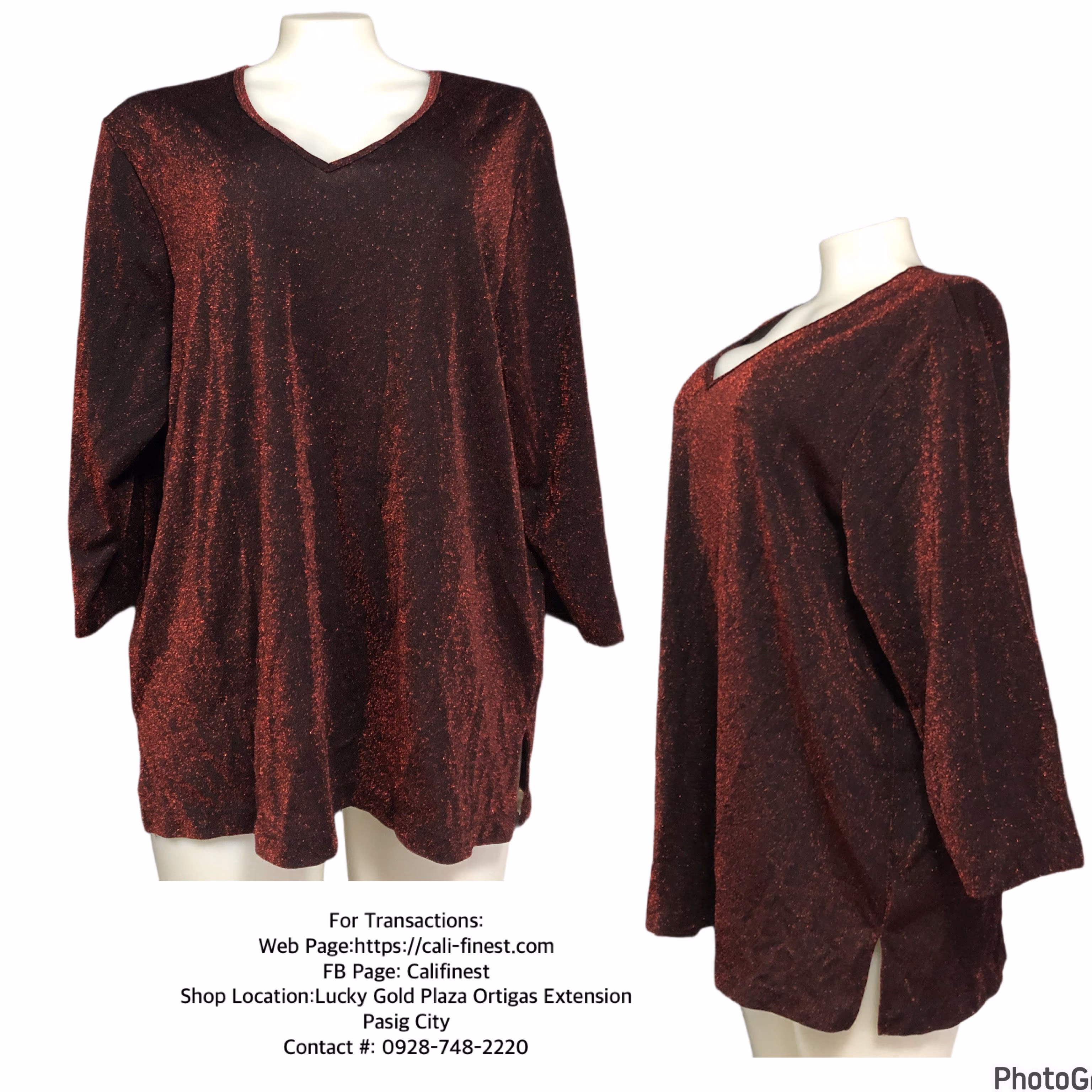 Avenue Red Metallic Spark Long Sleeve V Neck Dress Blouse for Womens