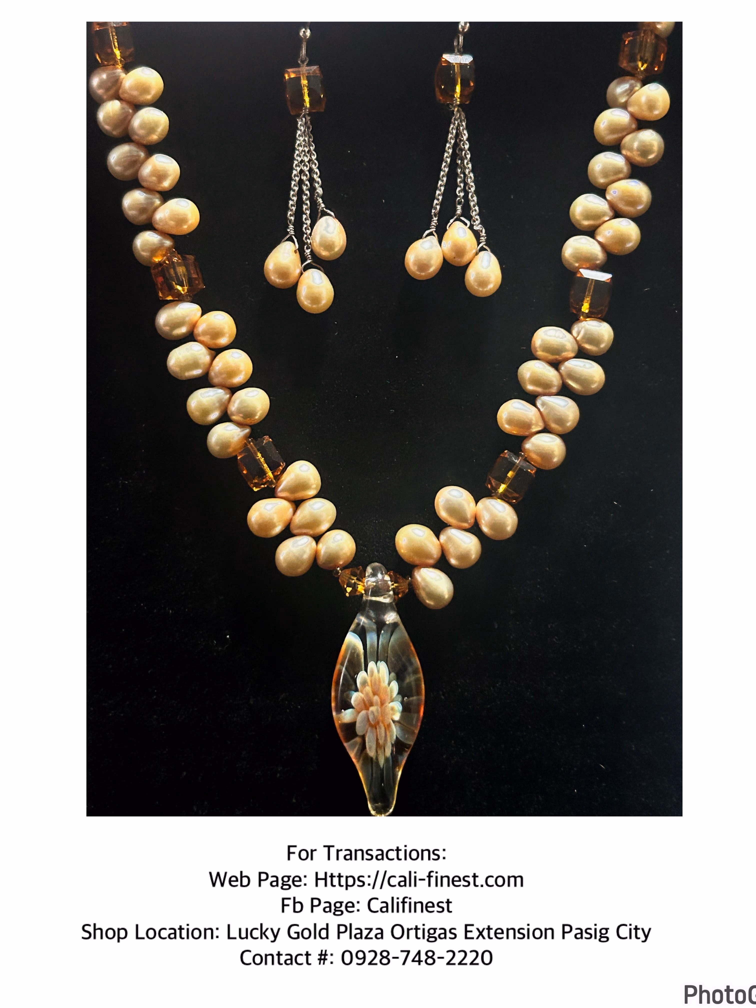 Sea Art Glass Pendant in Cultured Pearl and zirconia Necklace and Earrings Set  NL#3 