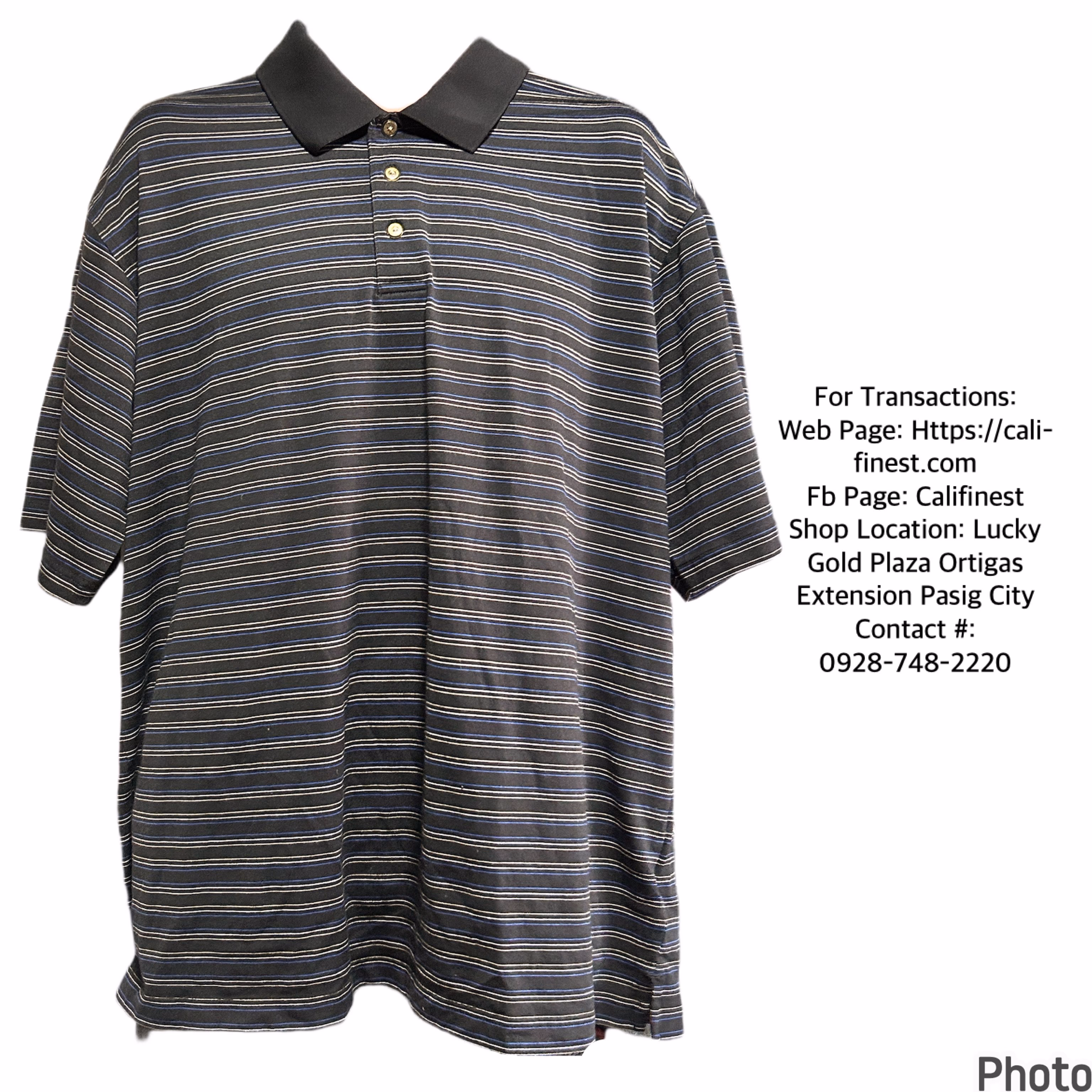 Pebble Beach Performance Men Polo Shirt Striped Black ,Blue and white XXL  T#656 