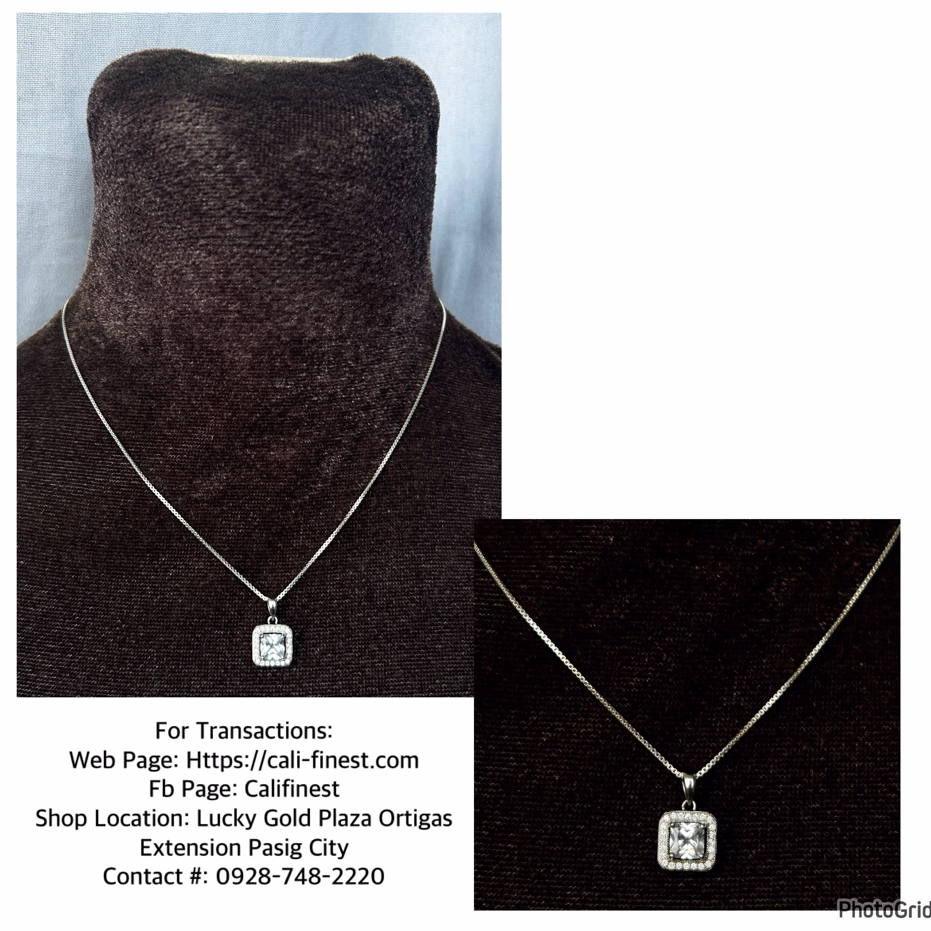 EA.S Marked Italy 925 Silver Box Chain Necklace with IBB Cubic Zirconia Princess Cut Pendant 