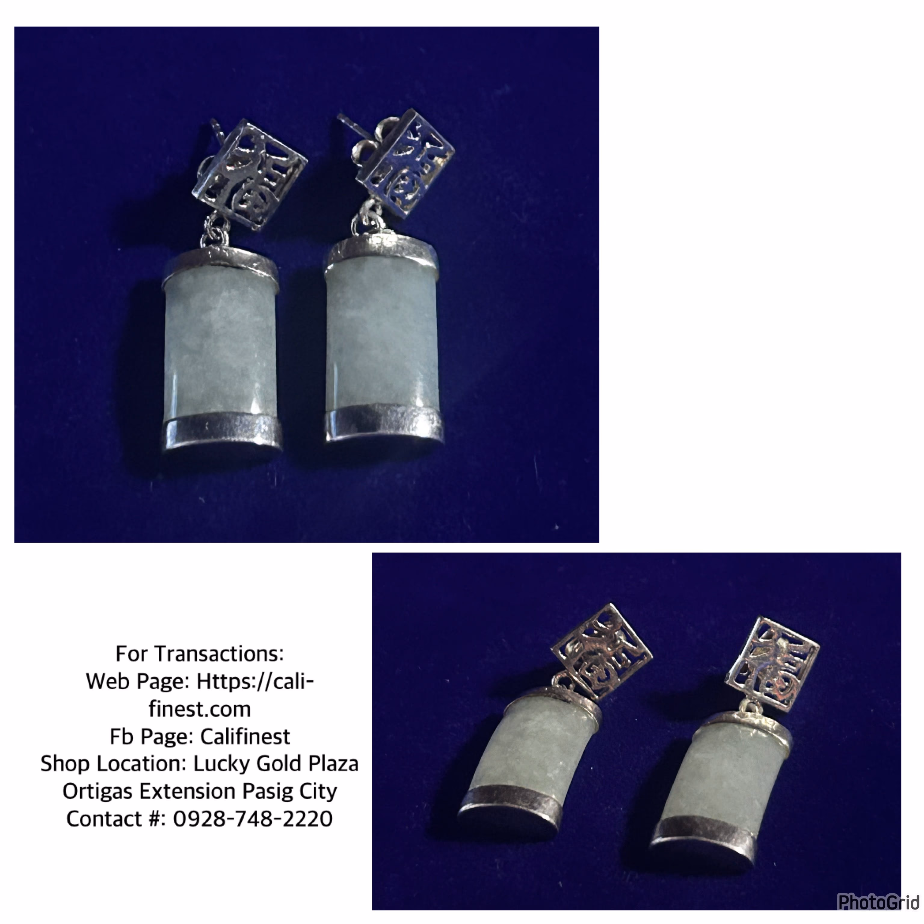 Natural light Green Jade in Silver Fortune Letters Dangle long Earrings 