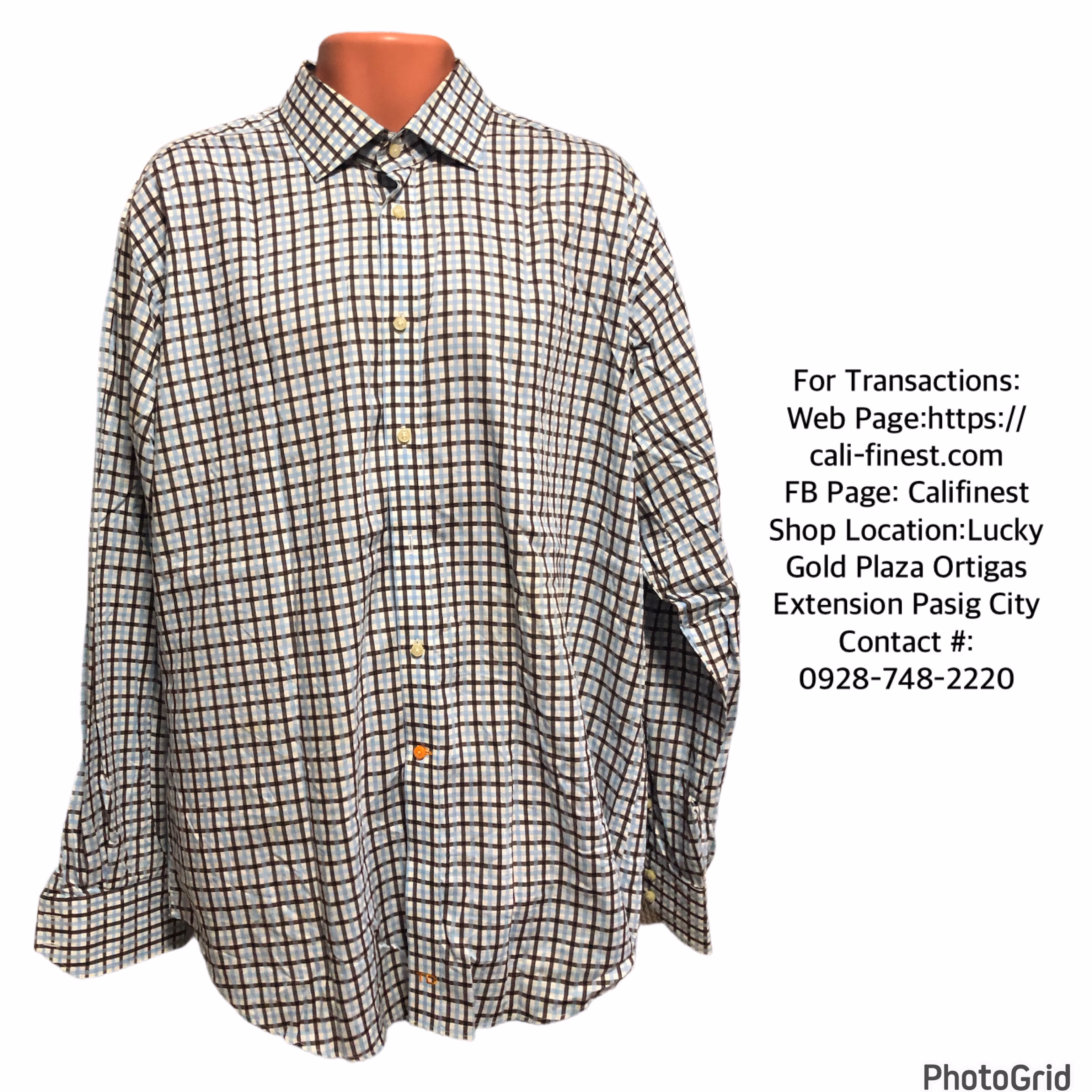 Thomas Dean Mens Polo Long Sleeve light blue/Black checkered XL  T#678 