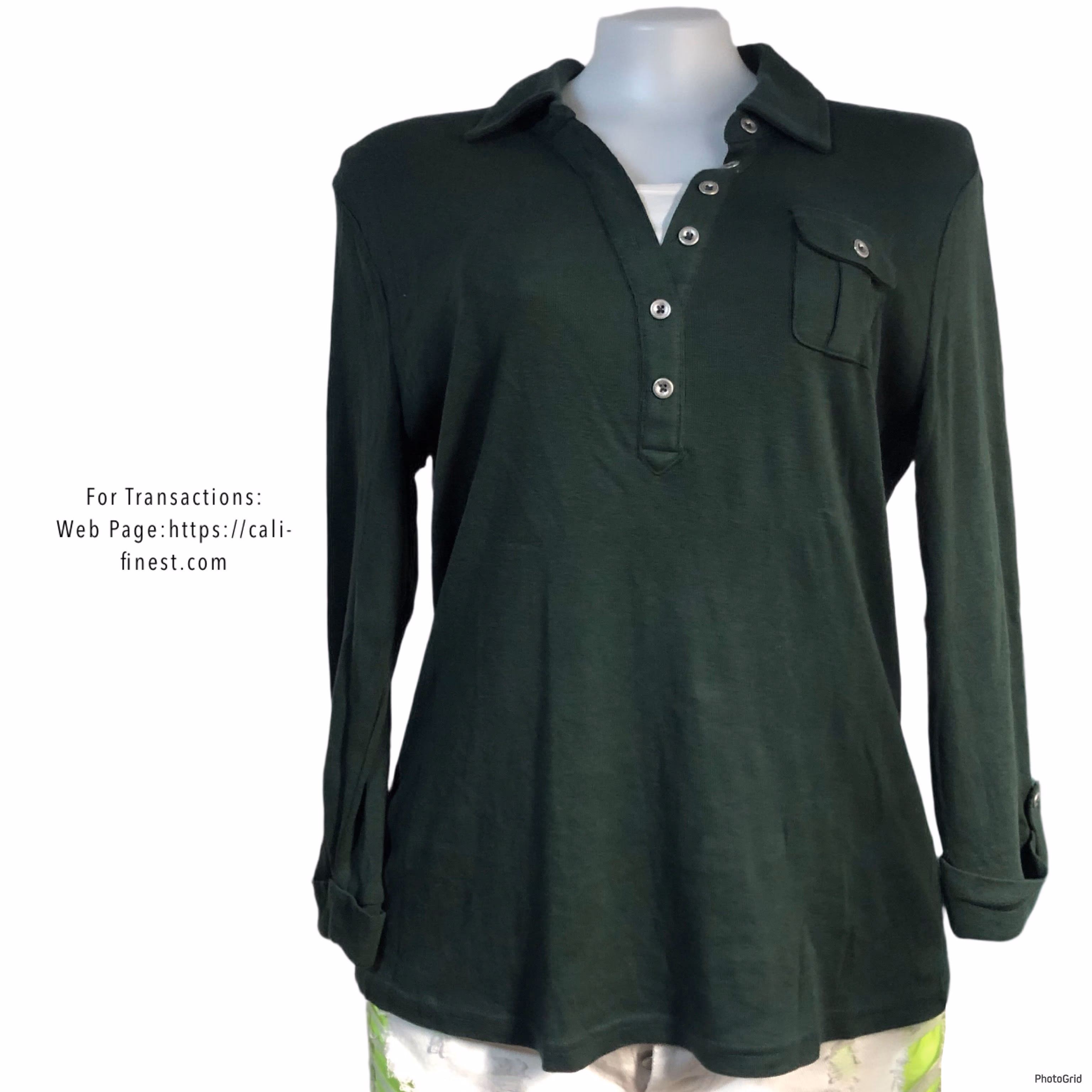 Crafts and Barrow Womens Green Long Sleeve Polo Shirt Medium
