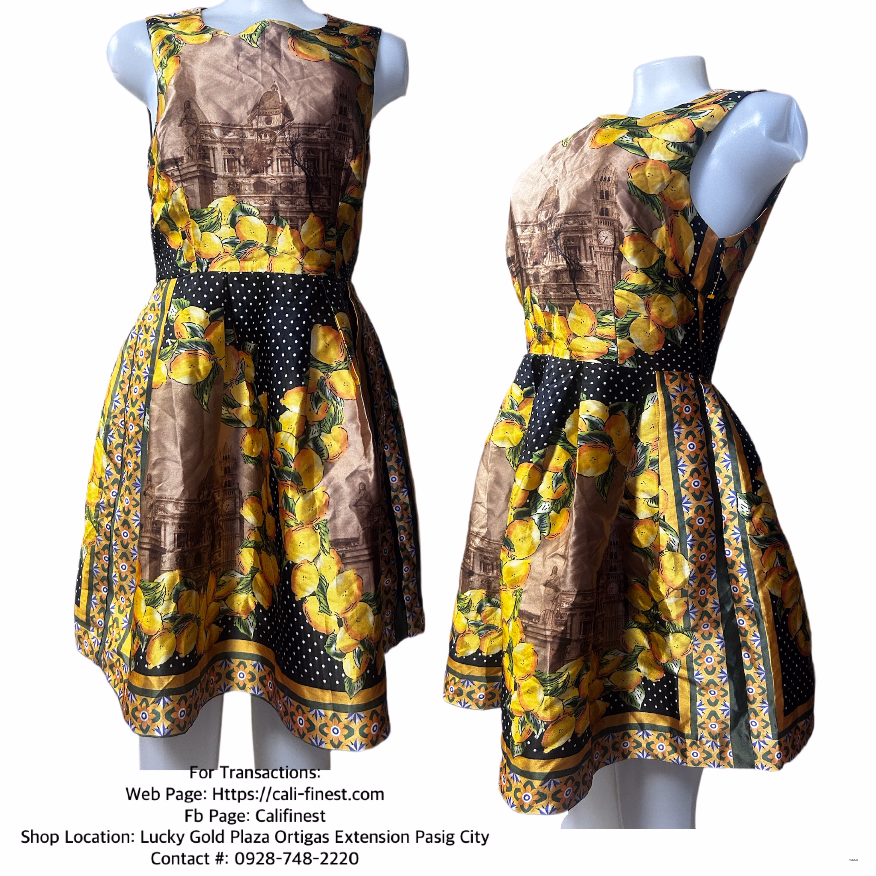 Lemon Print Sleeveless Knee Length Dress Large   D#004
