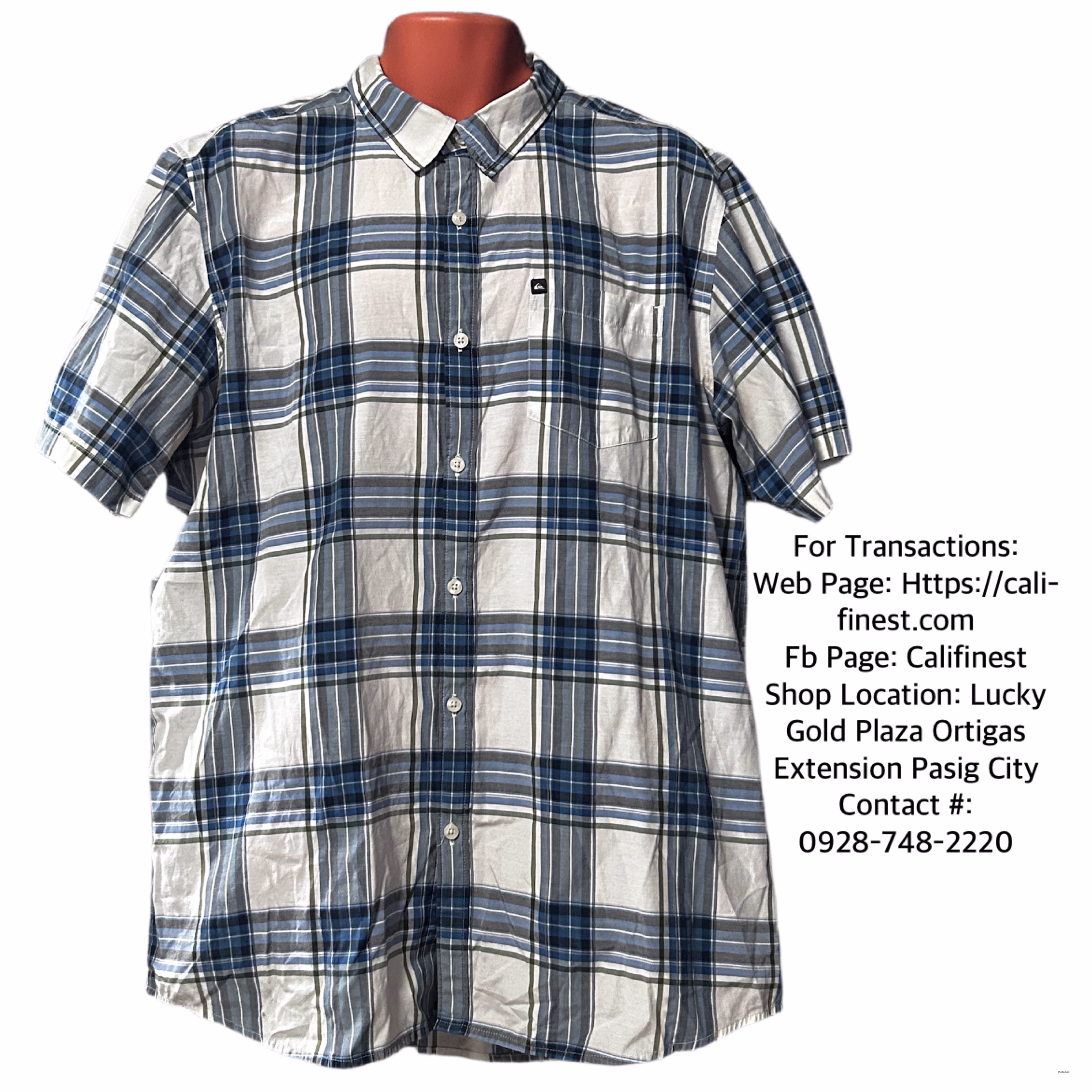 Quik Silver Light Blue plaid Polo Short Sleeve XL  T#0012 