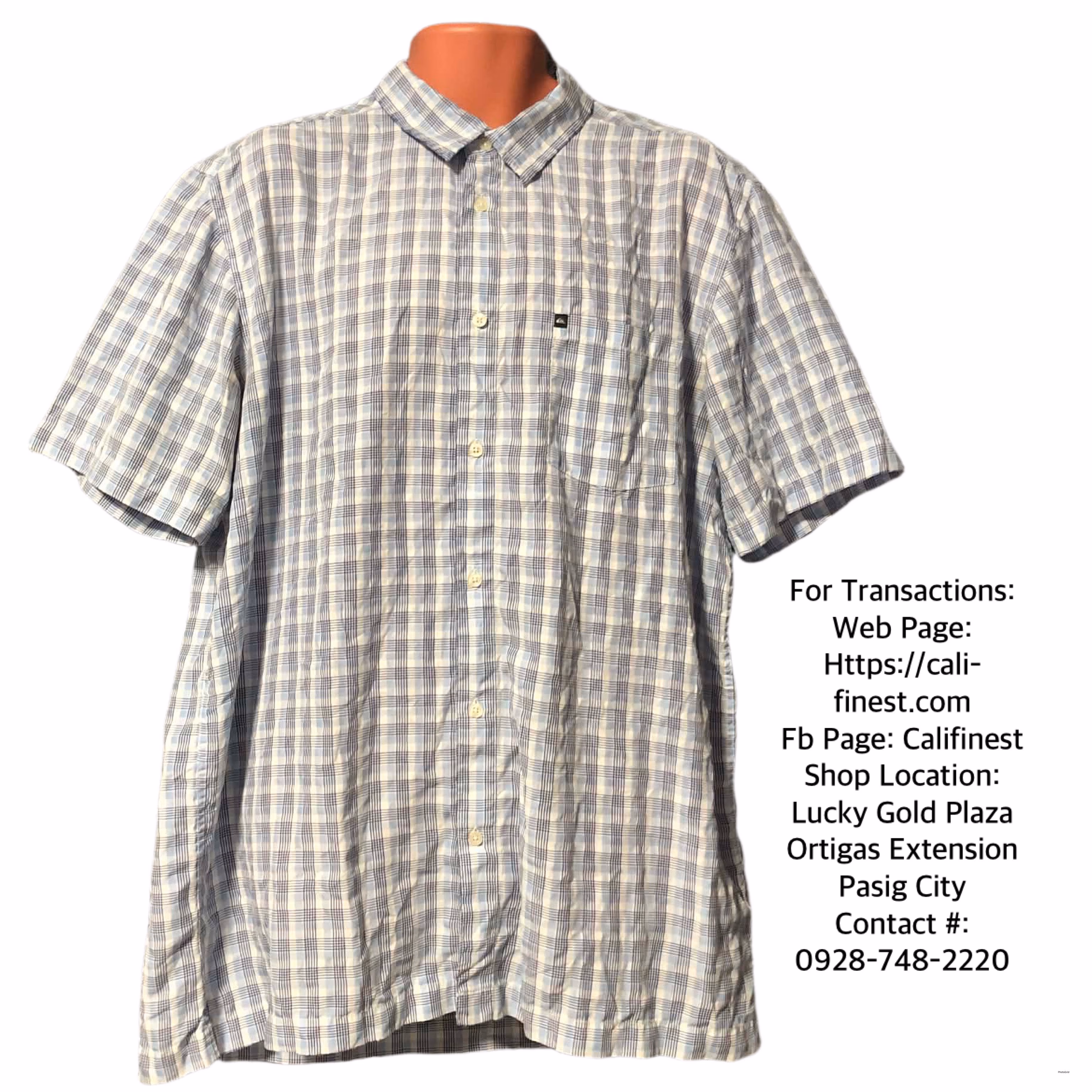 Quik Silver light Blue Polo Short Sleeve Plaid  XL  T#0014 