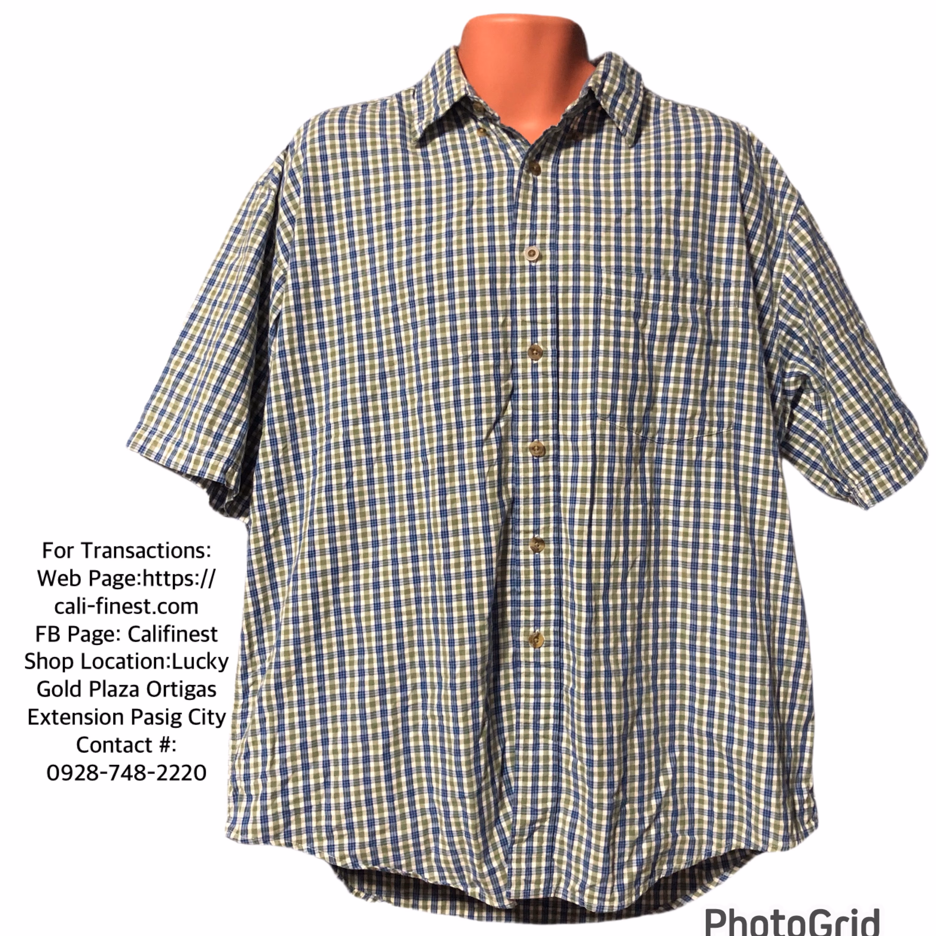 High Sierra White/Blue/Green Plaid Polo Short Sleeve Large