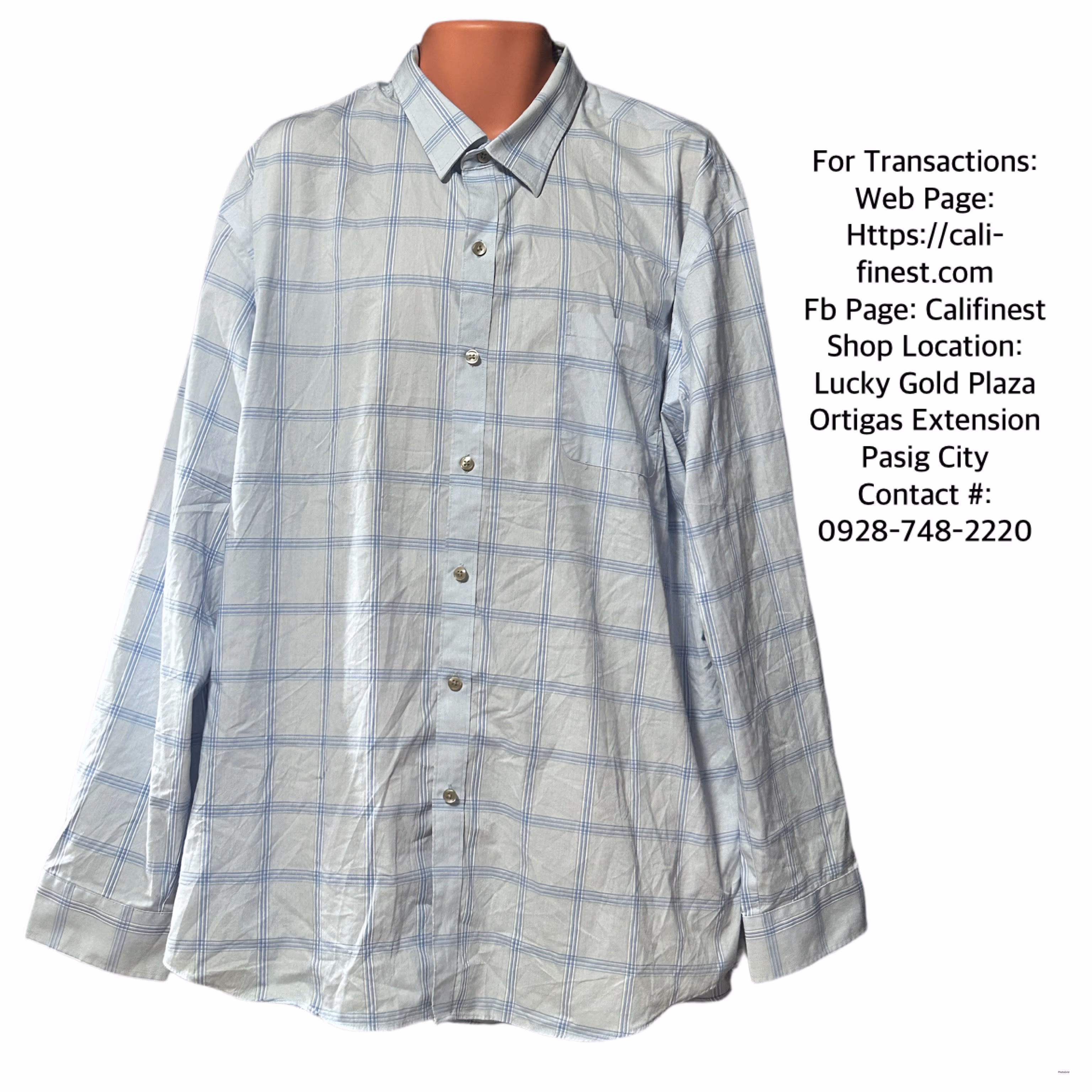 Van Heusen Flex Light Blue Plaid  Polo Long Sleeve XXL   T#0025 