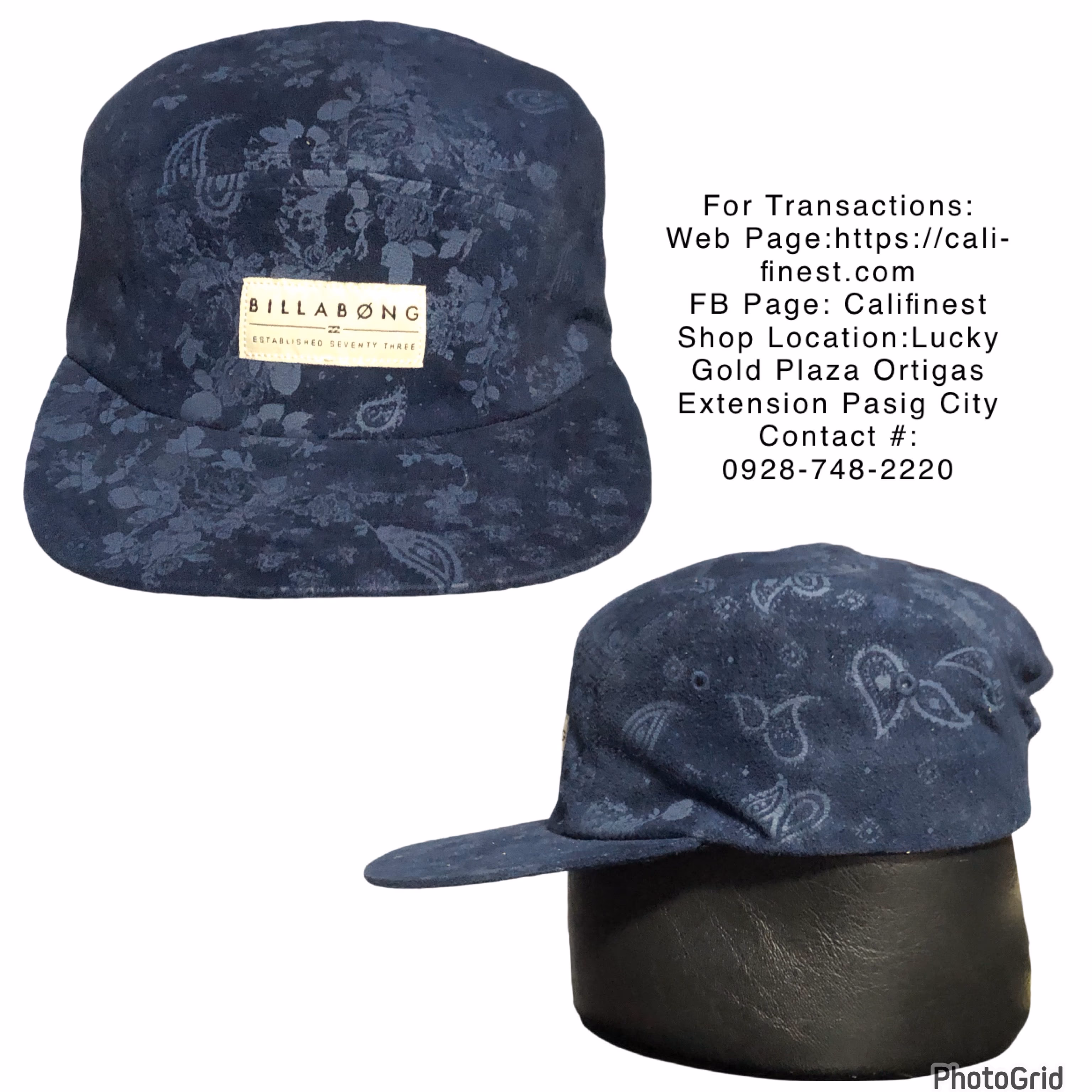 Billabong cap in a dark blue floral and paisley print