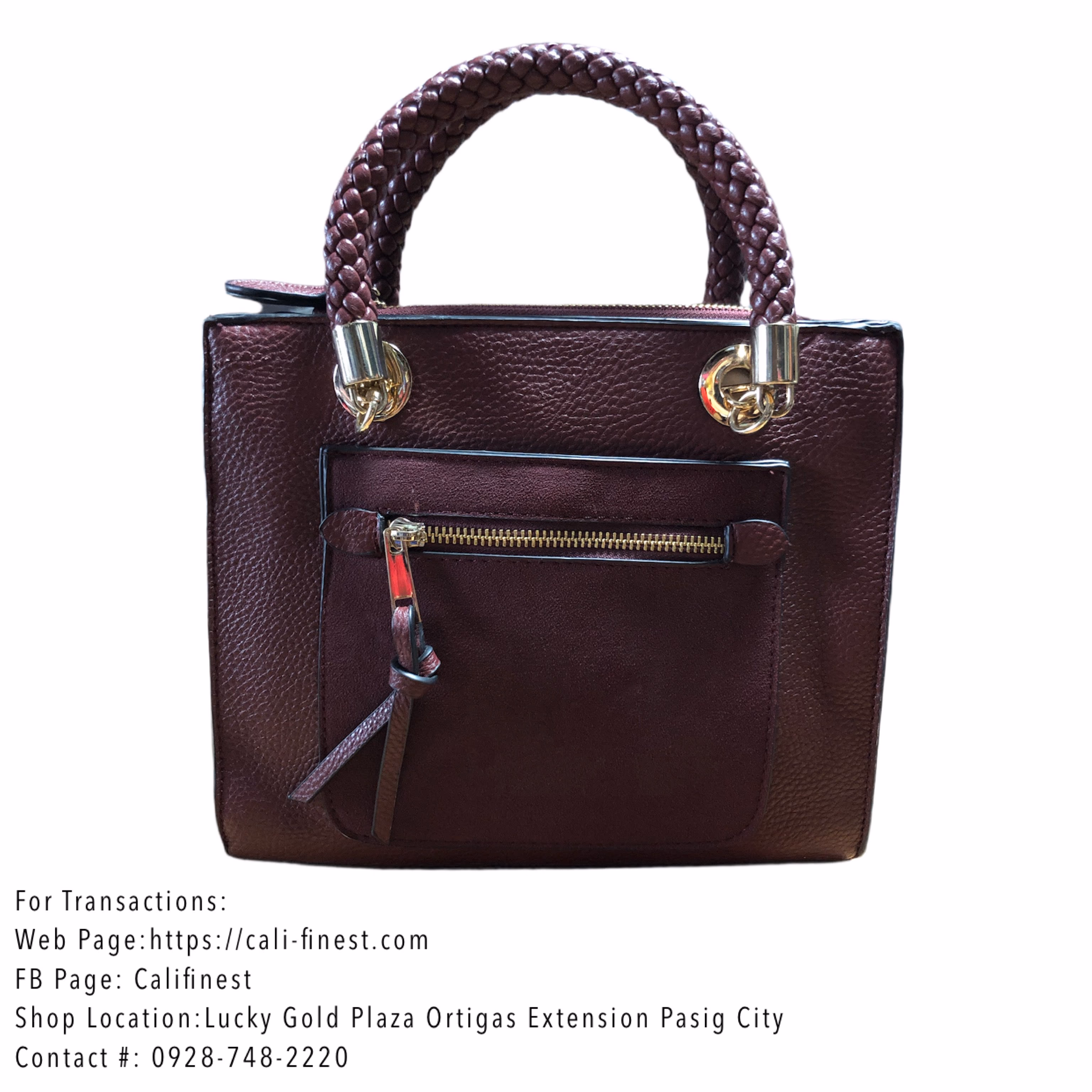 Burgundy textured faux-leather top-handle bag with a front zip pocket and braided handles.