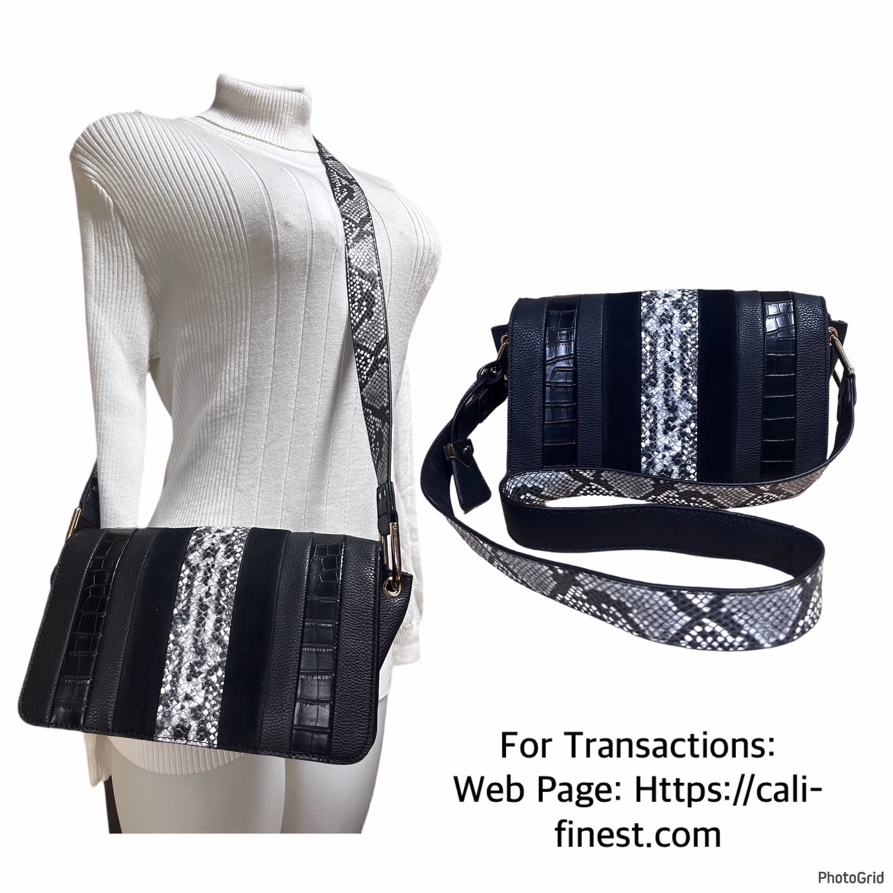 Sammy Black & Snakeskin Box Purse w/Snap Closure 