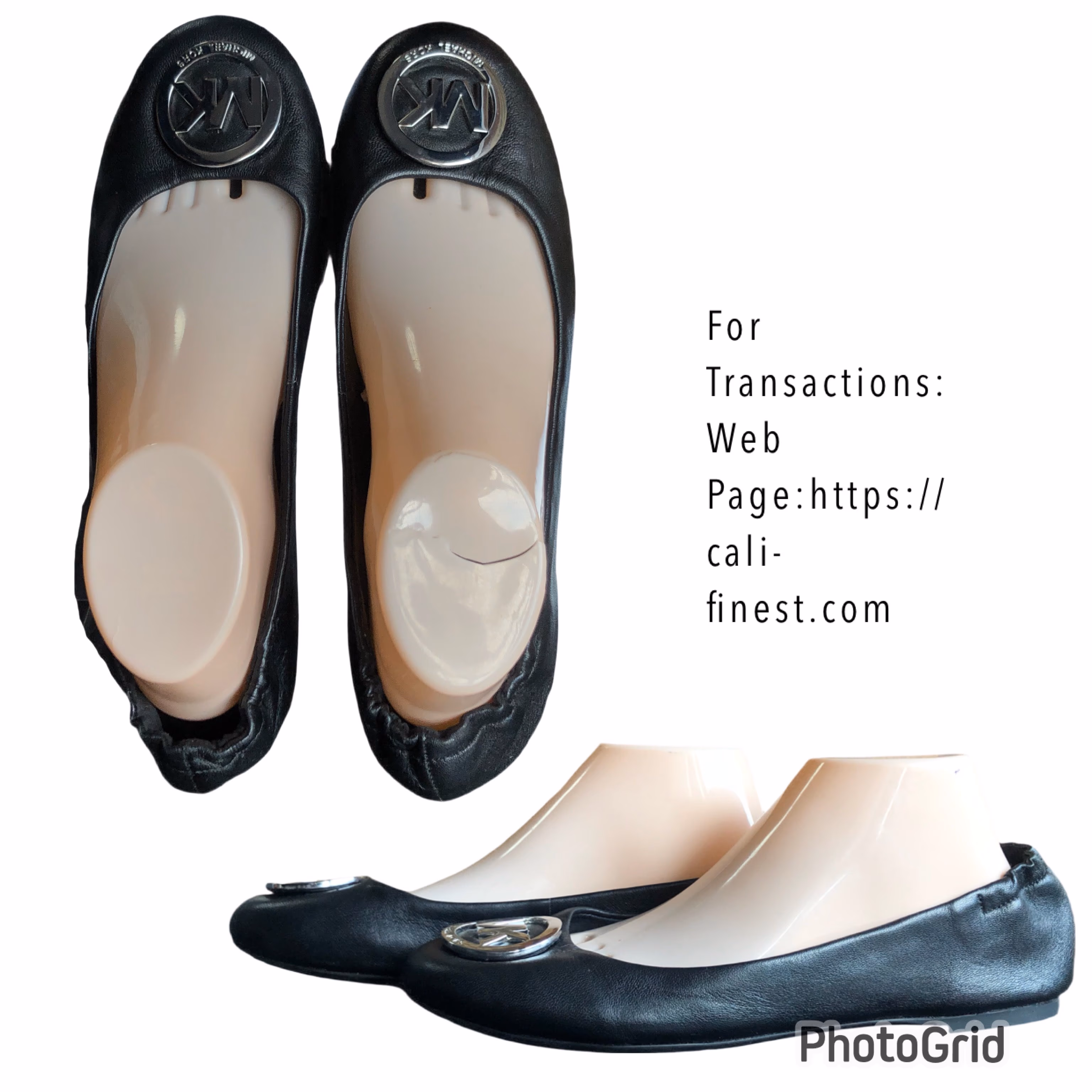 Michael Kors Black Leather Ballet flats with a silver-tone logo Medallion Lindsay  