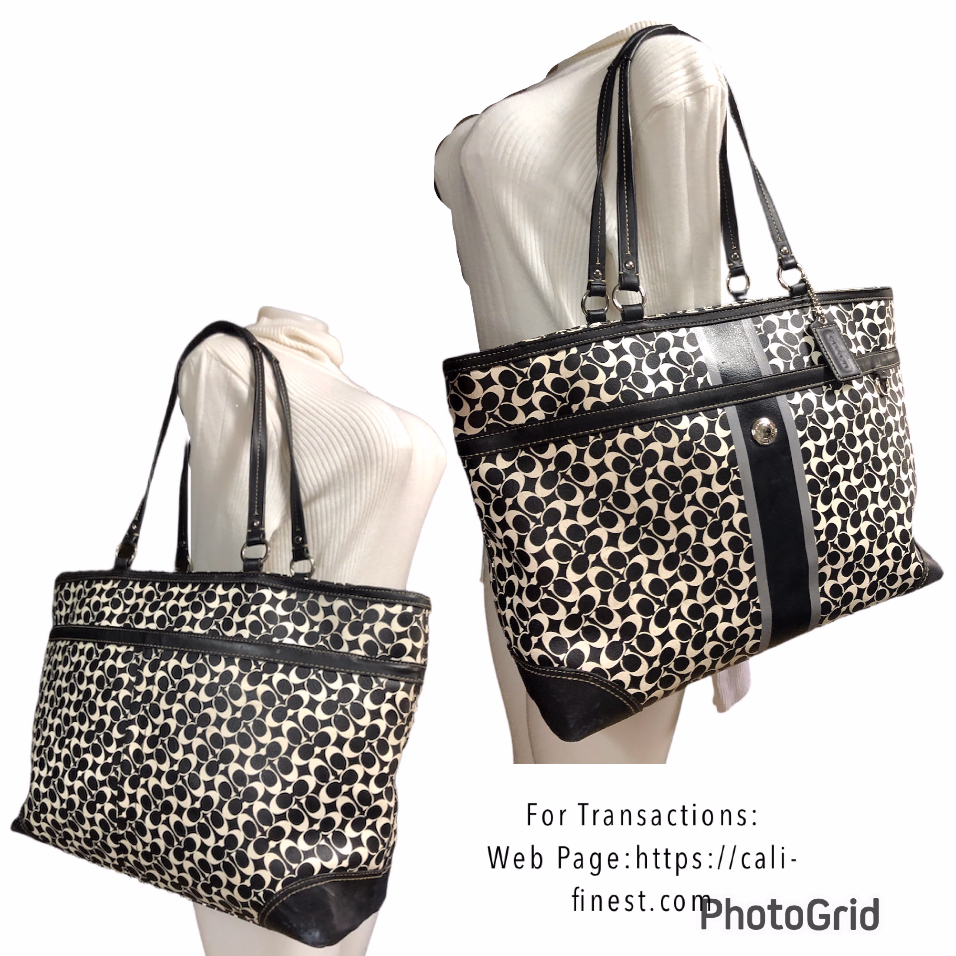 Coach Chelsea Heritage Stripe Signature Tote Bag Purse Black White 