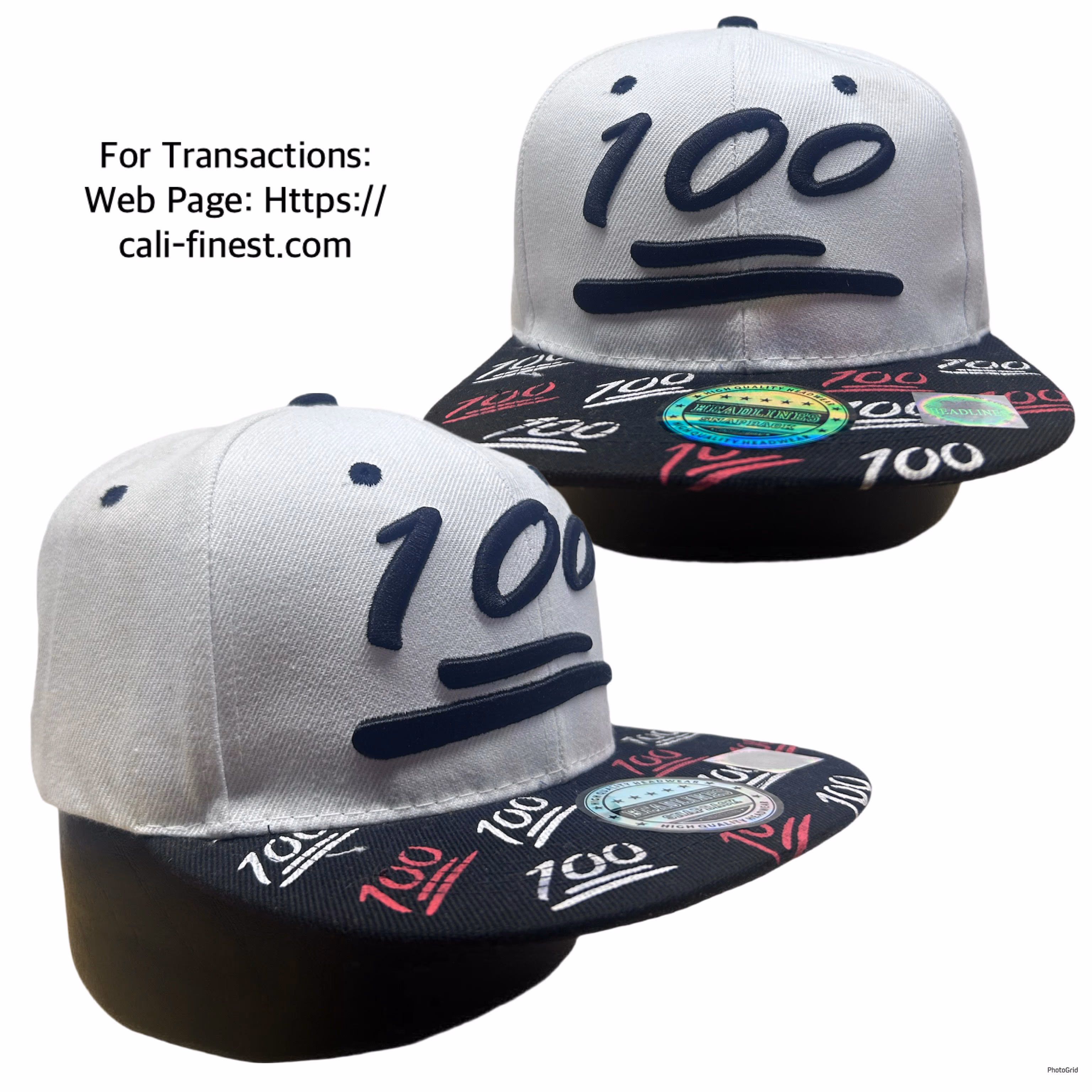 Headlines 100 One Hundred Snapback Hat Cap in white with a black flat bill and raised 100 emoji embroidery on the front panel.   C#00129