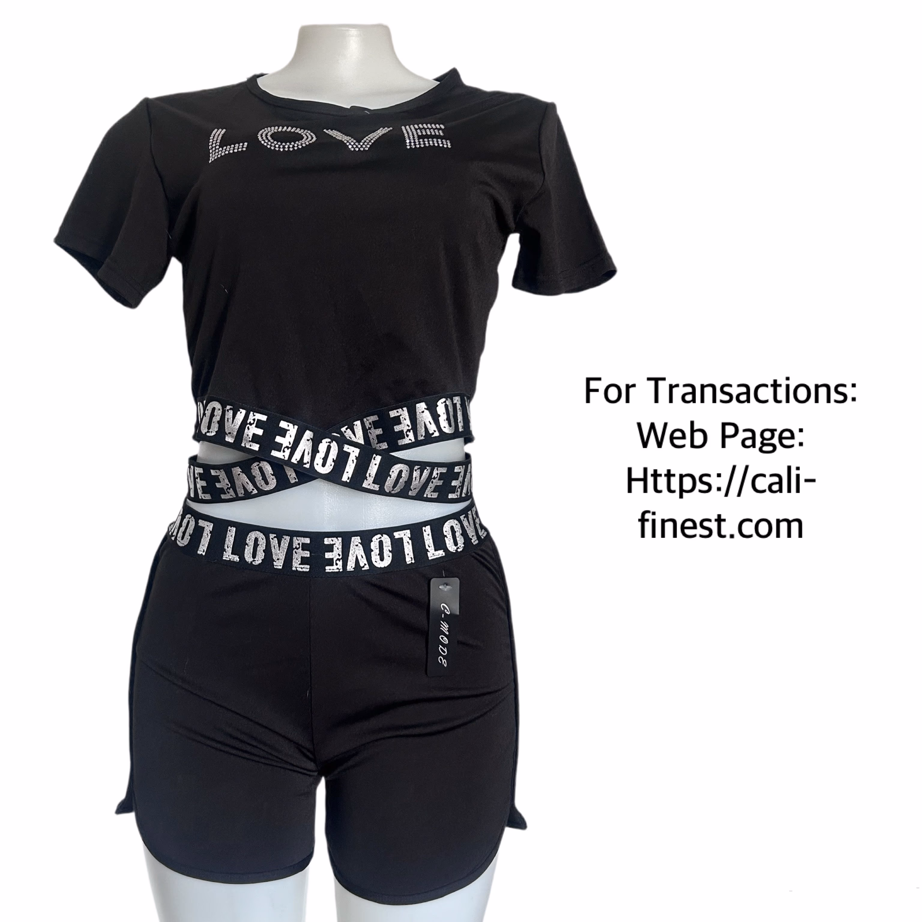Black Love Crop Top and Shorts Set for Women