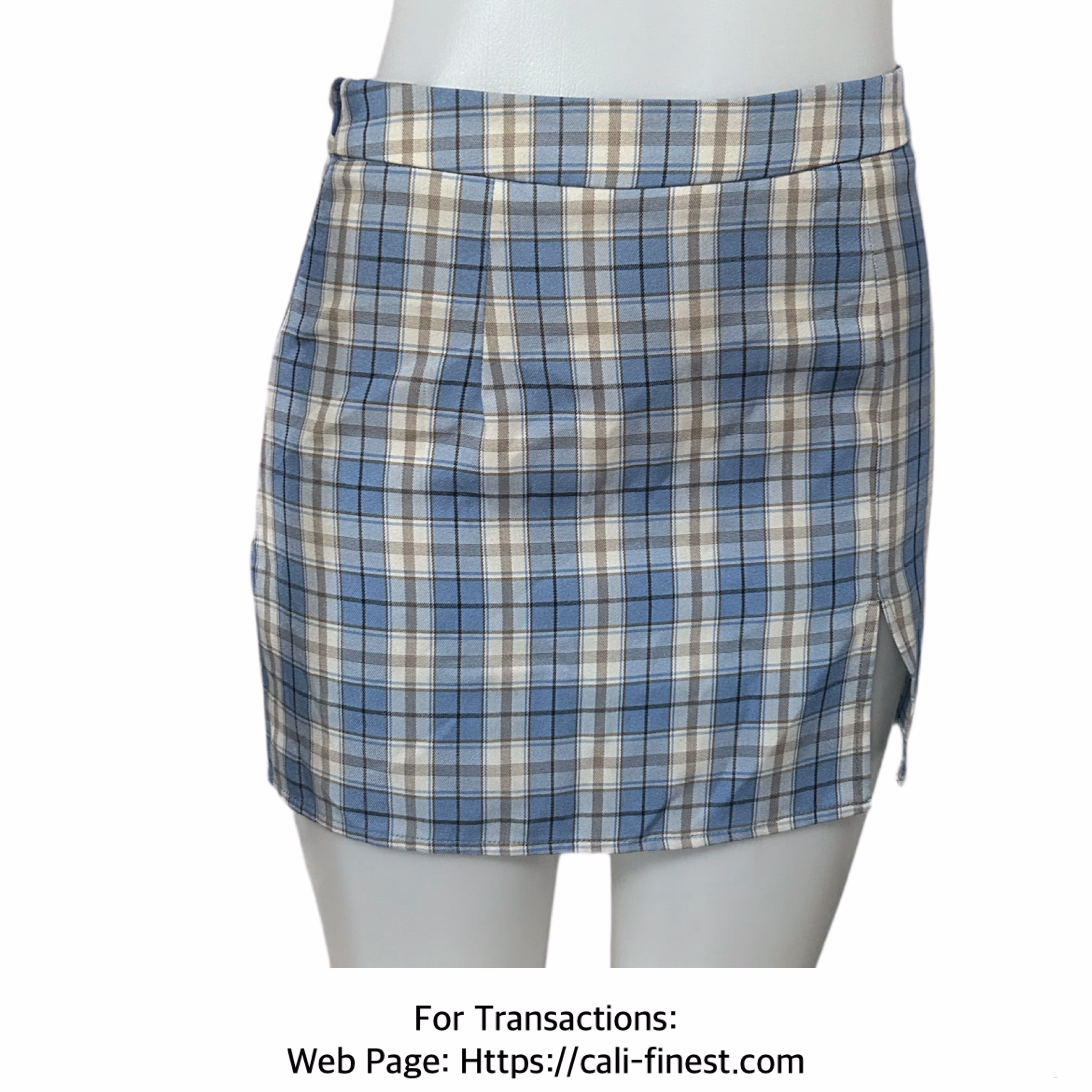 SHEIN Light Blue/Cream Plaid Woven Mini Skirt, Zip closure, Front Slits Sz Small