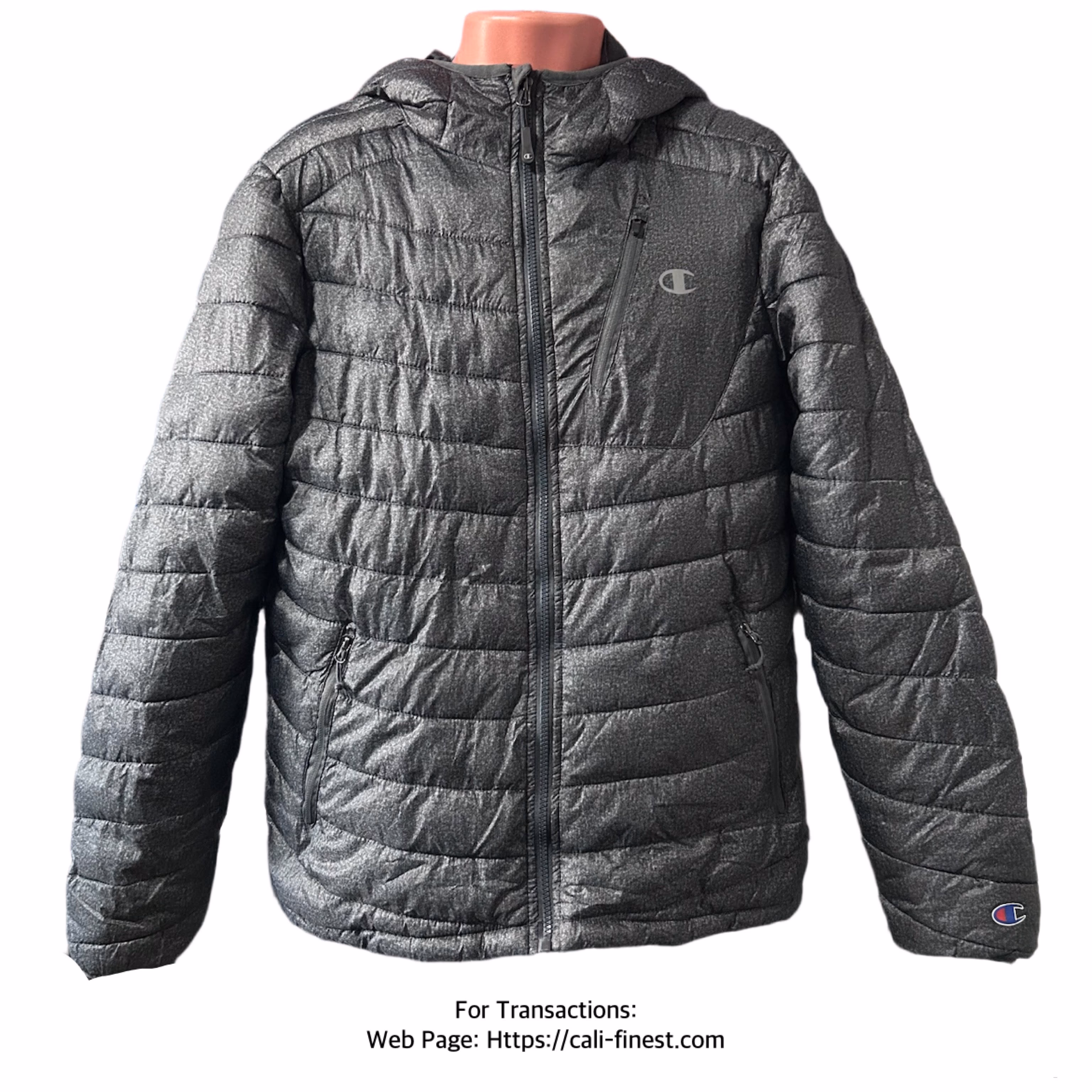 Champion Hooded Puffer Heathered Gray Jacket Medium