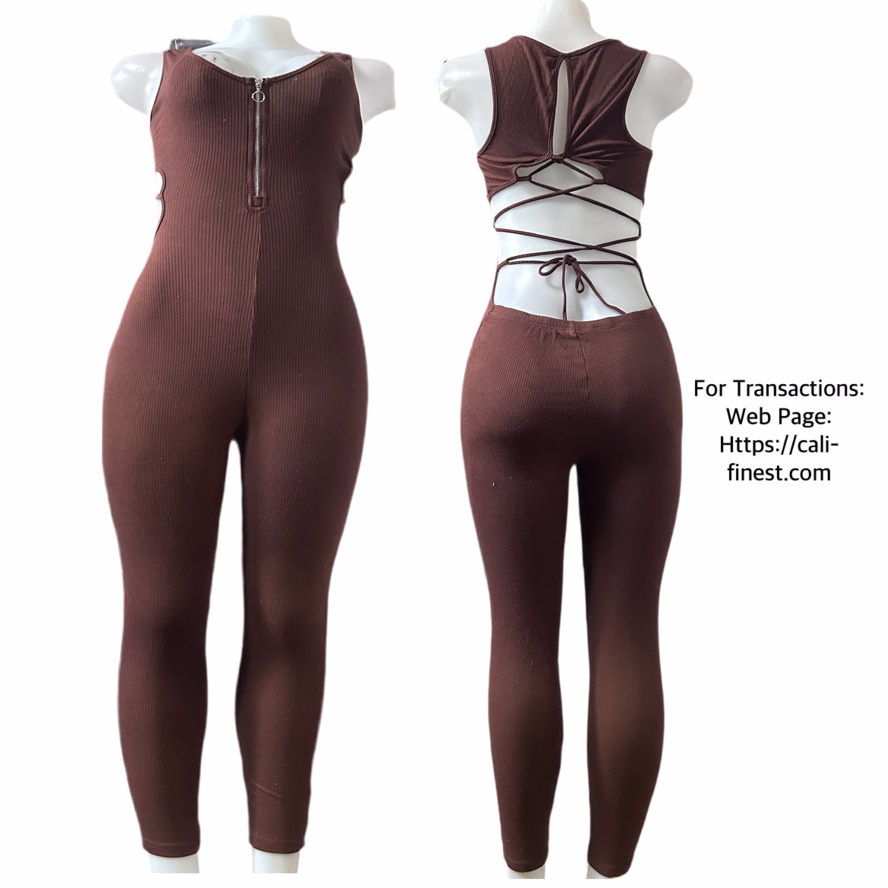 SHEIN Brown Ribbed  Front Zip Jumpsuit  D#0041