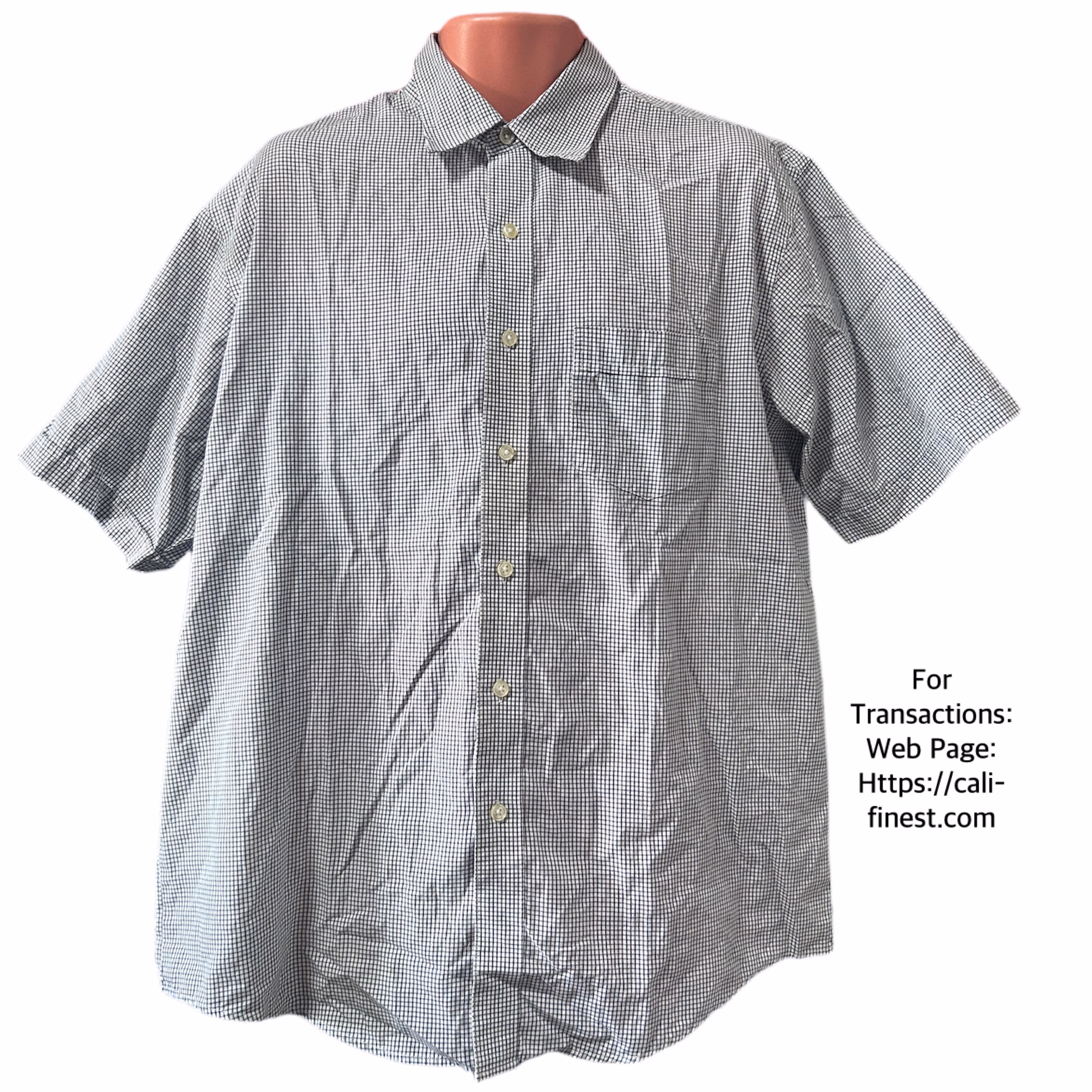 Van Heusen Blue/White Plaid Polo Short Sleeve Large   T#0097 