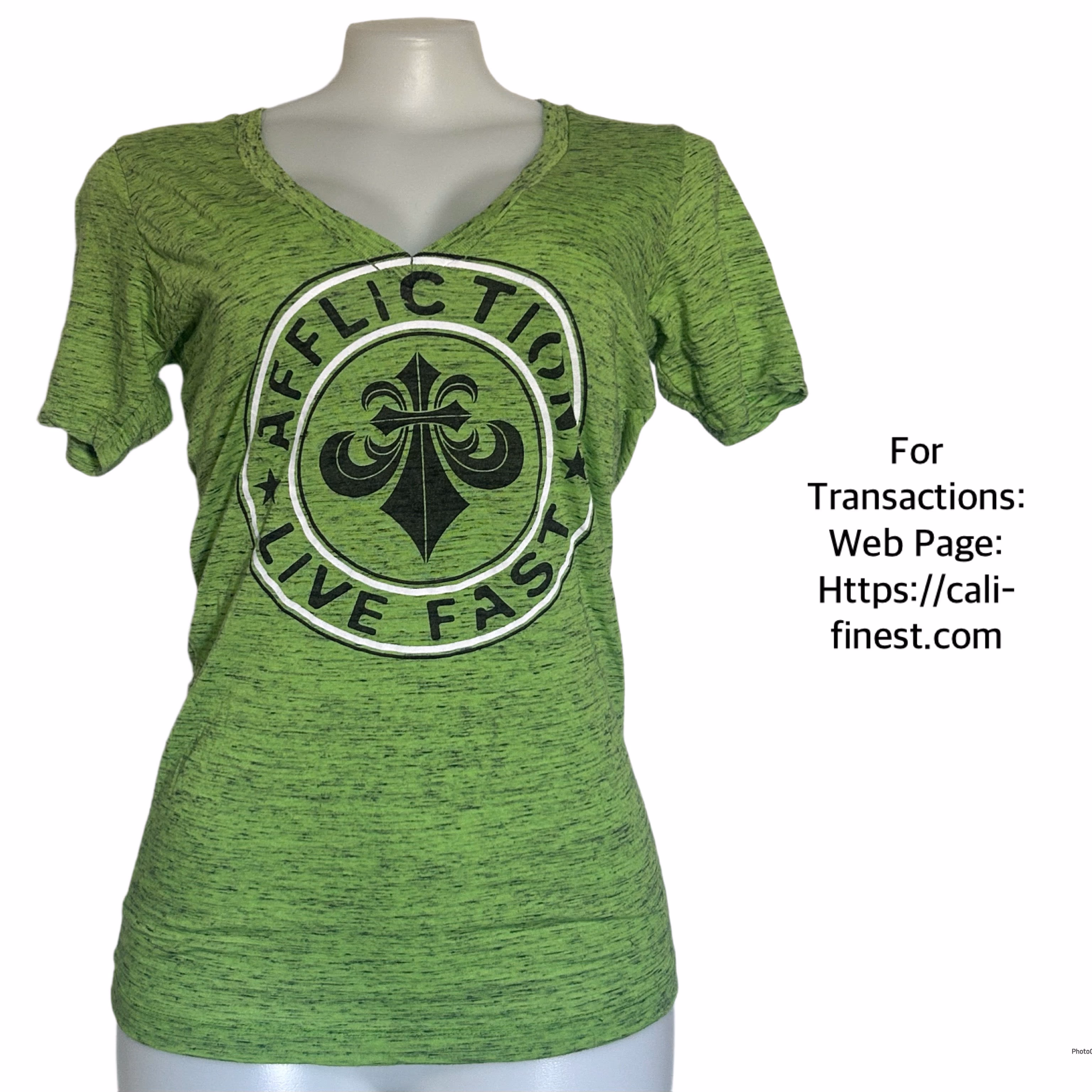 Affliction Live Fast Green V-Neck T-Shirt Size Medium for Womens