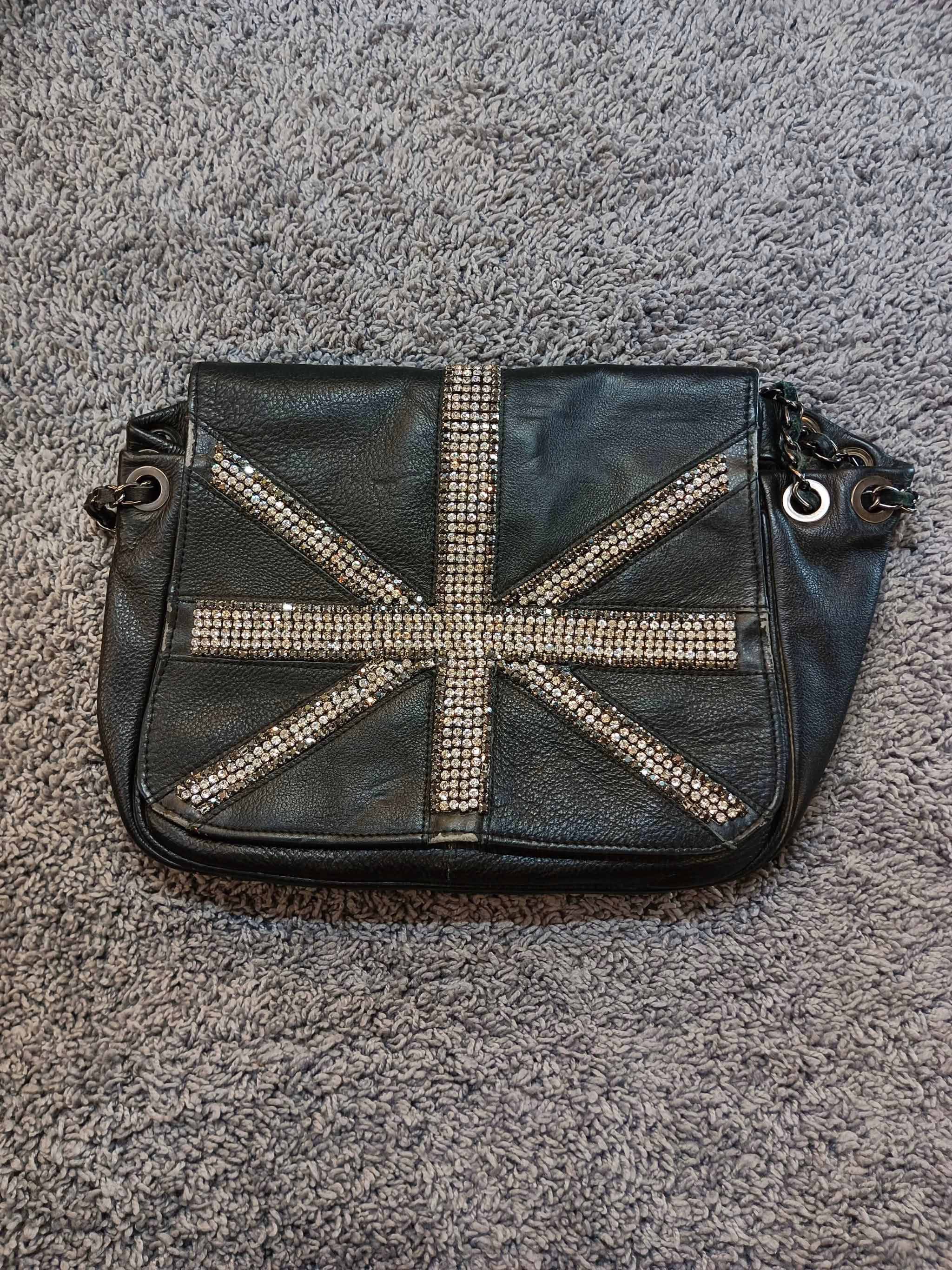 Vintage MISCHA BARTON Union Jack Rhinestone Leather Clutch Bag – Black & Silver