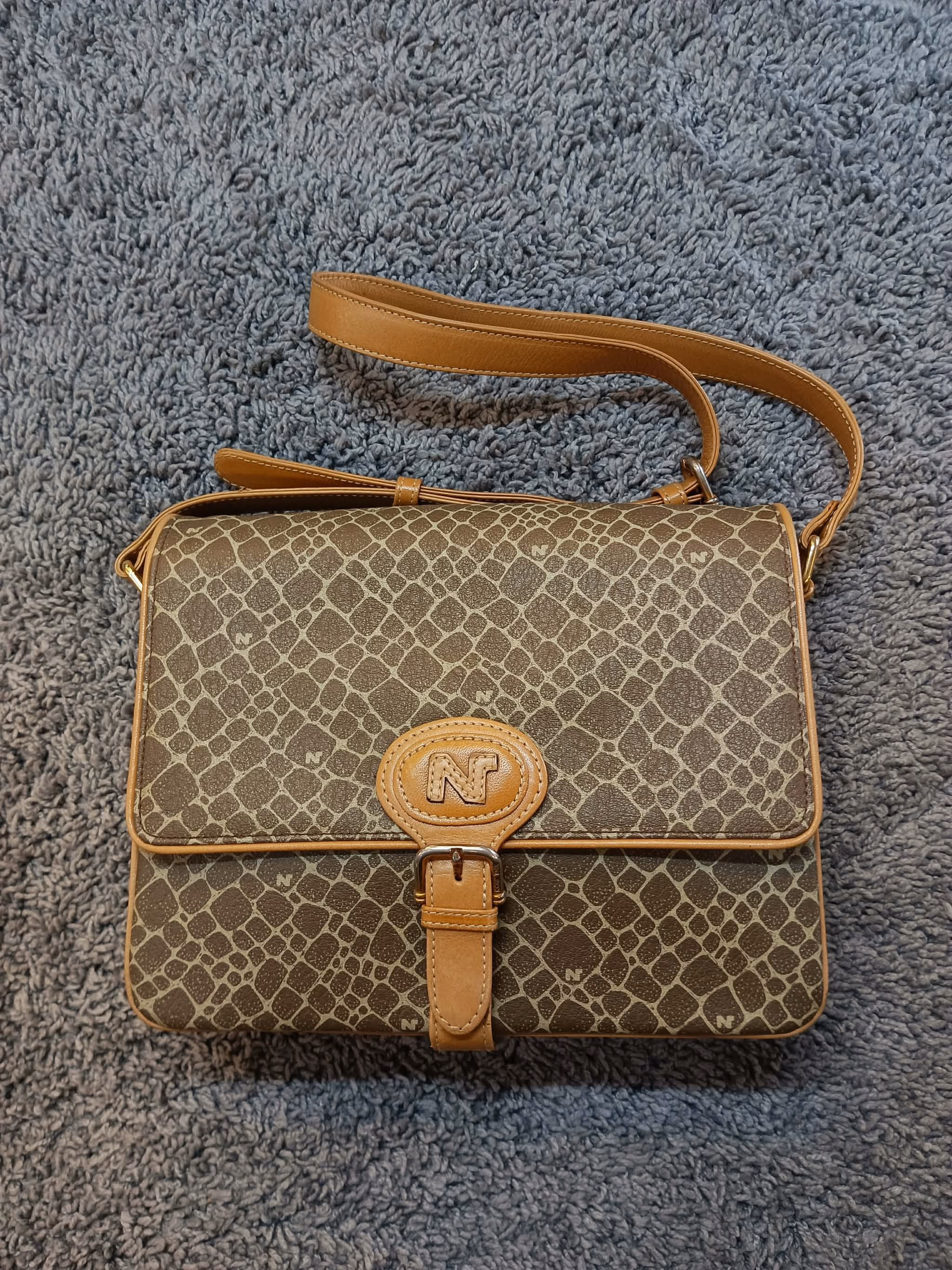 Vintage NINA RICCI Monogram Giraffe/Crocodile Print Flap Shoulder Bag – Tan Leather