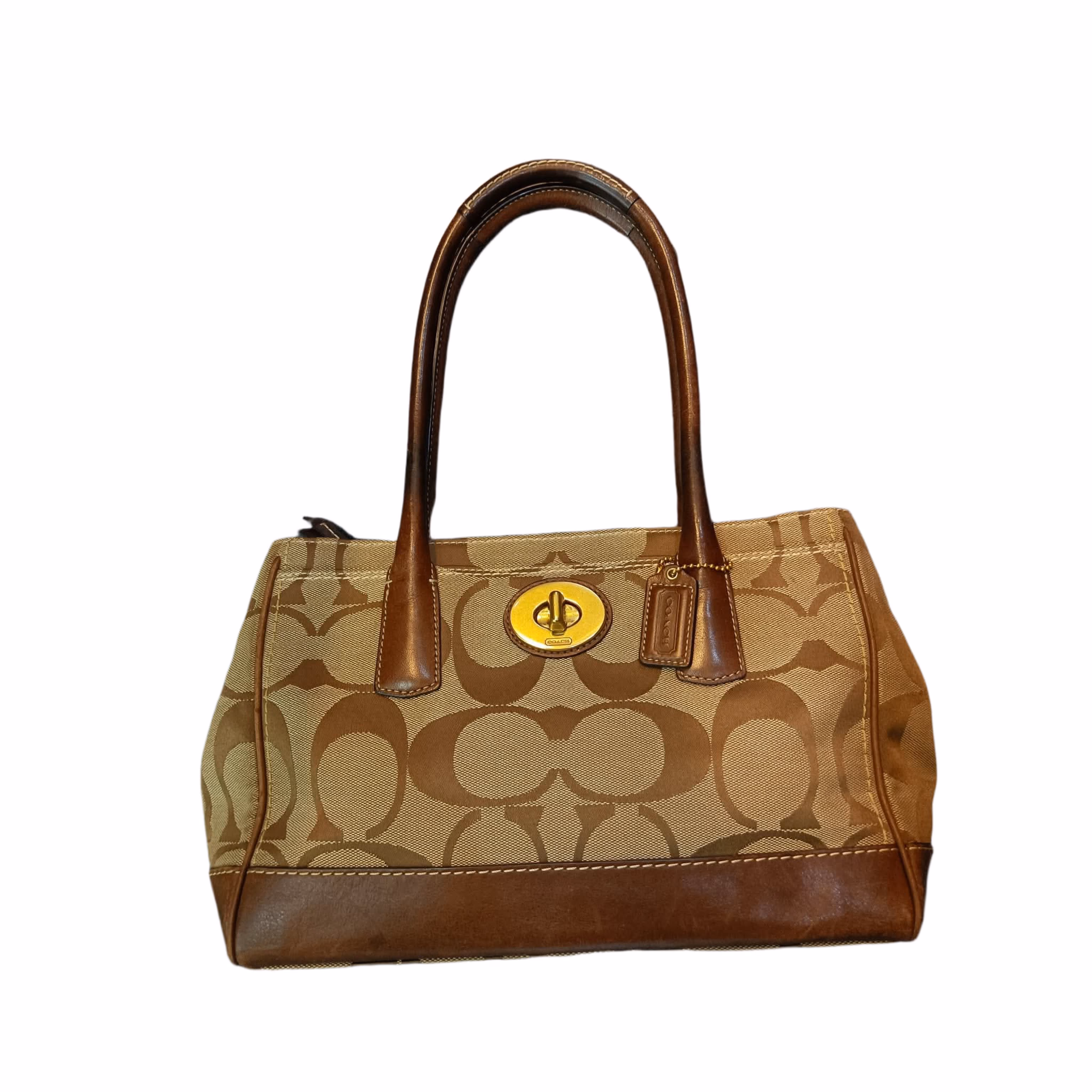 COACH Hampton Signature Canvas Turnlock Tote Bag Brown/Khaki – F12463