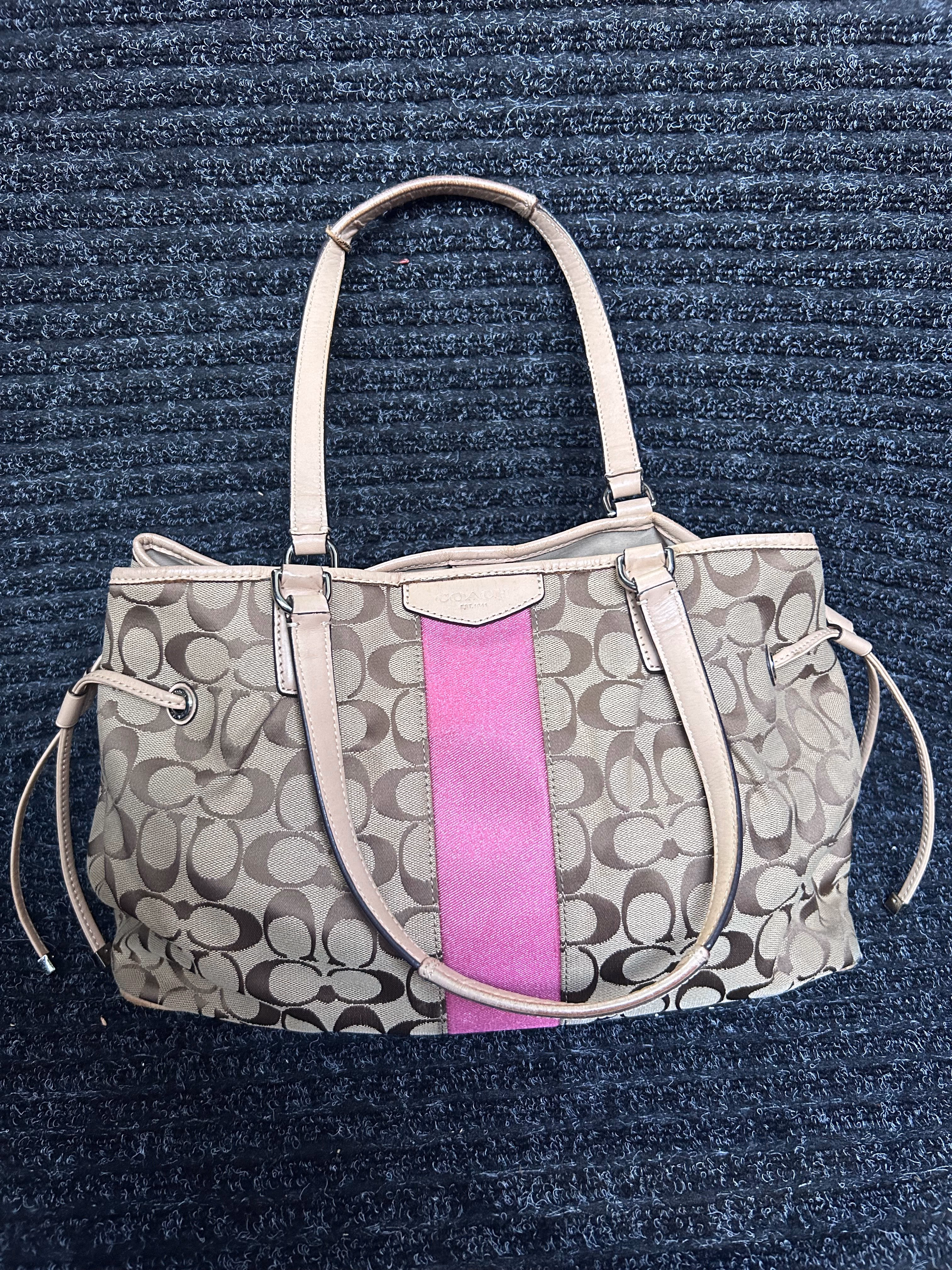 Coach Signature Stripe Drawstring Cinch Tote