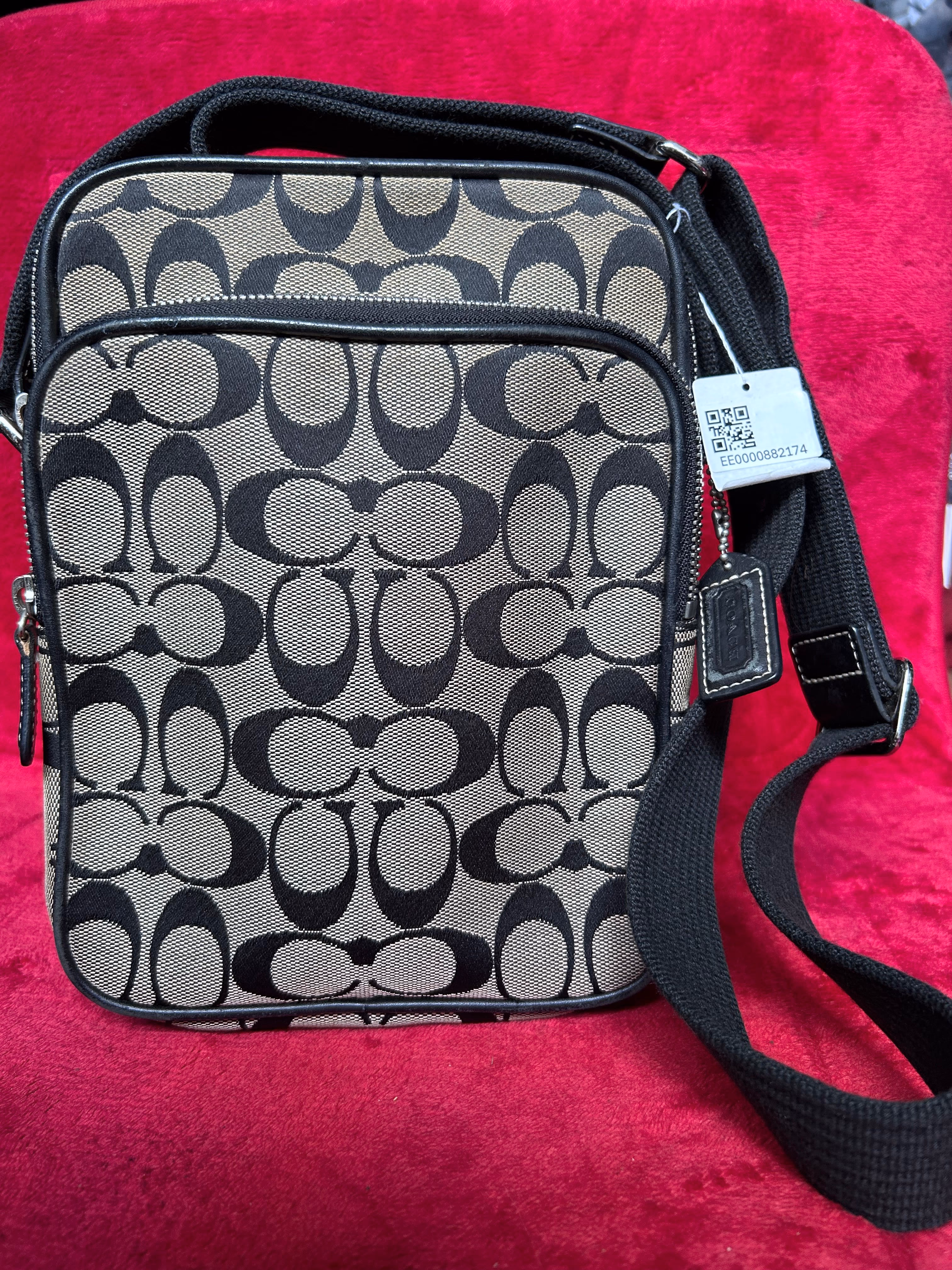 Coach Signature Jacquard Double Zip Crossbody Flight Bag Black Grey Canvas