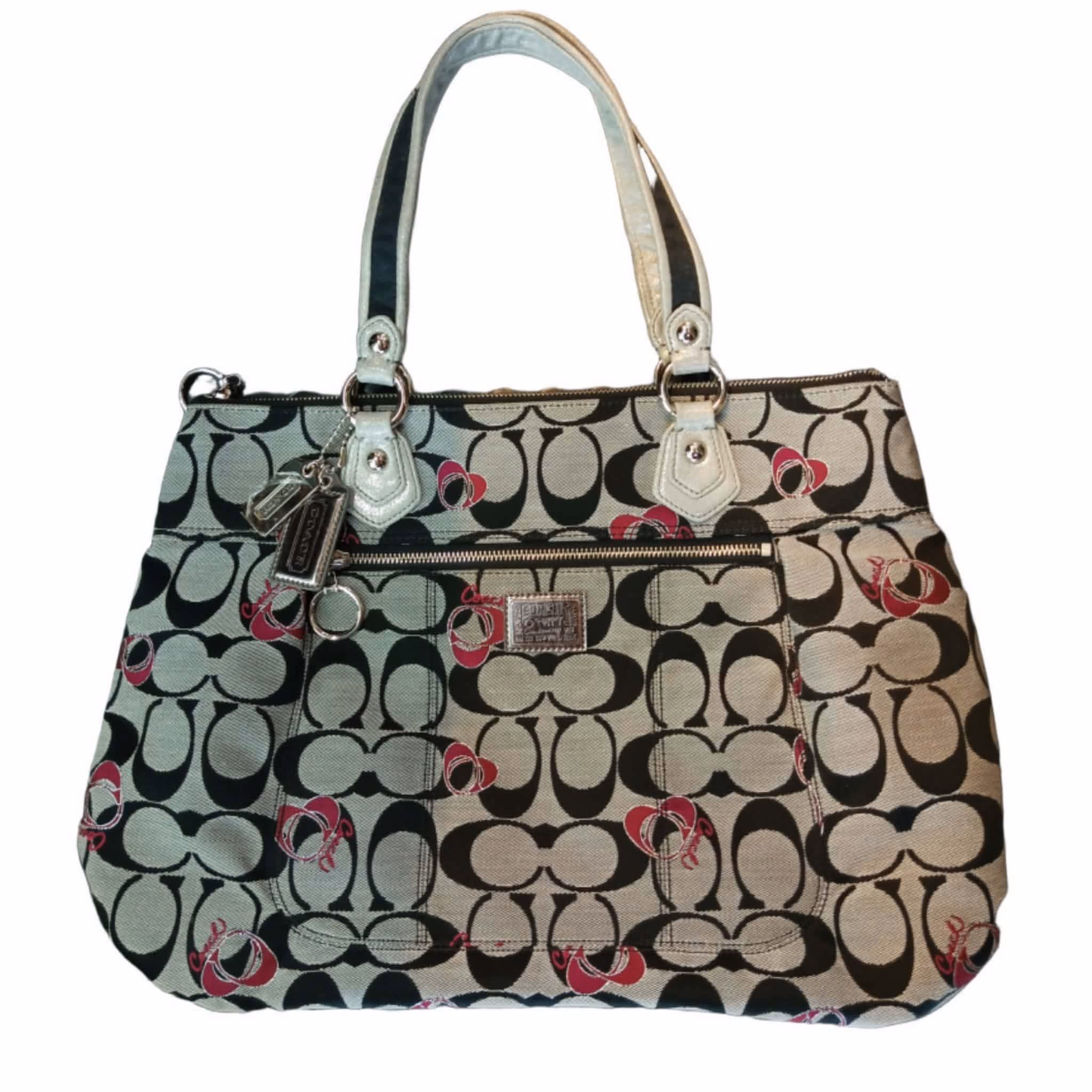 Coach F20097 Khaki Beige Signature C Canvas Taylor Tote Bag Pink Trim Satchel