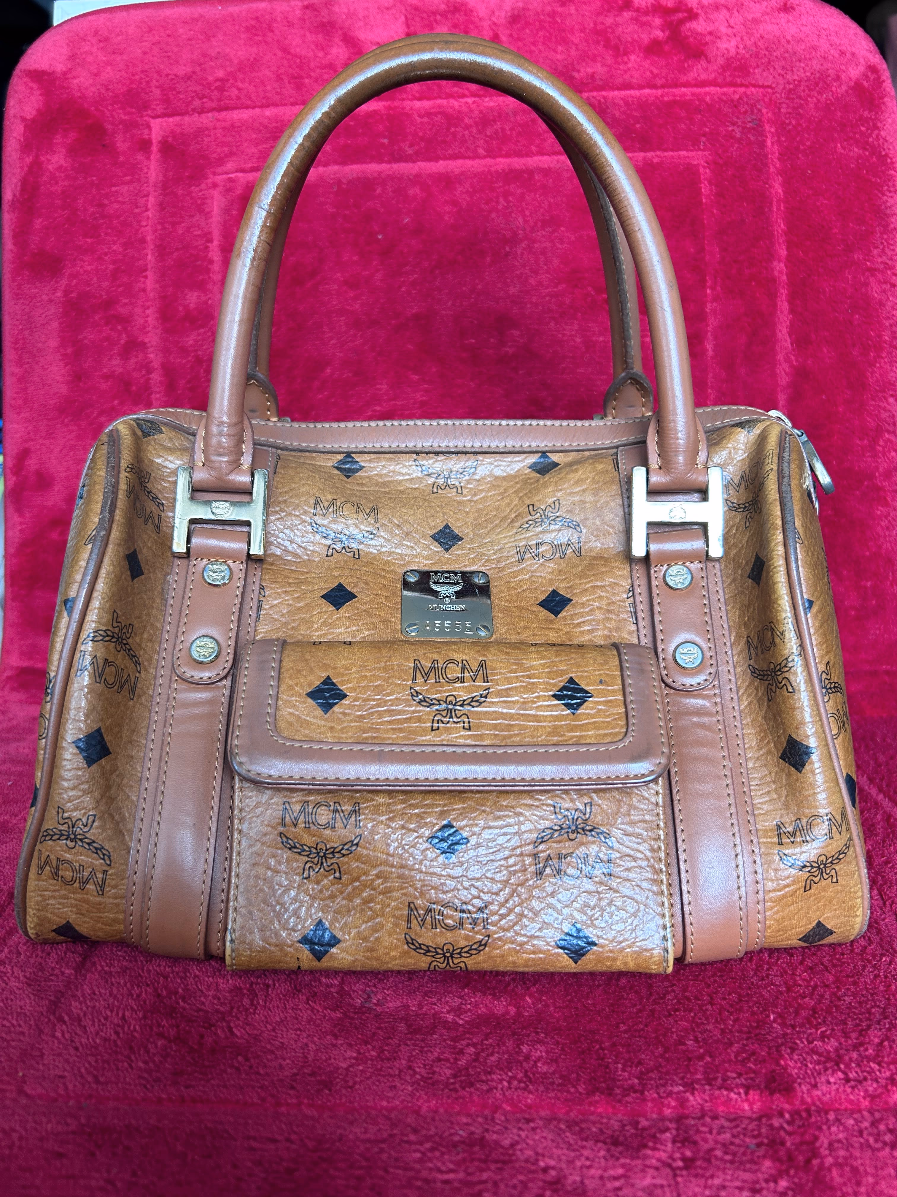 Vintage MCM Cognac Visetos Monogram Small Boston Bag Satchel Front Pocket