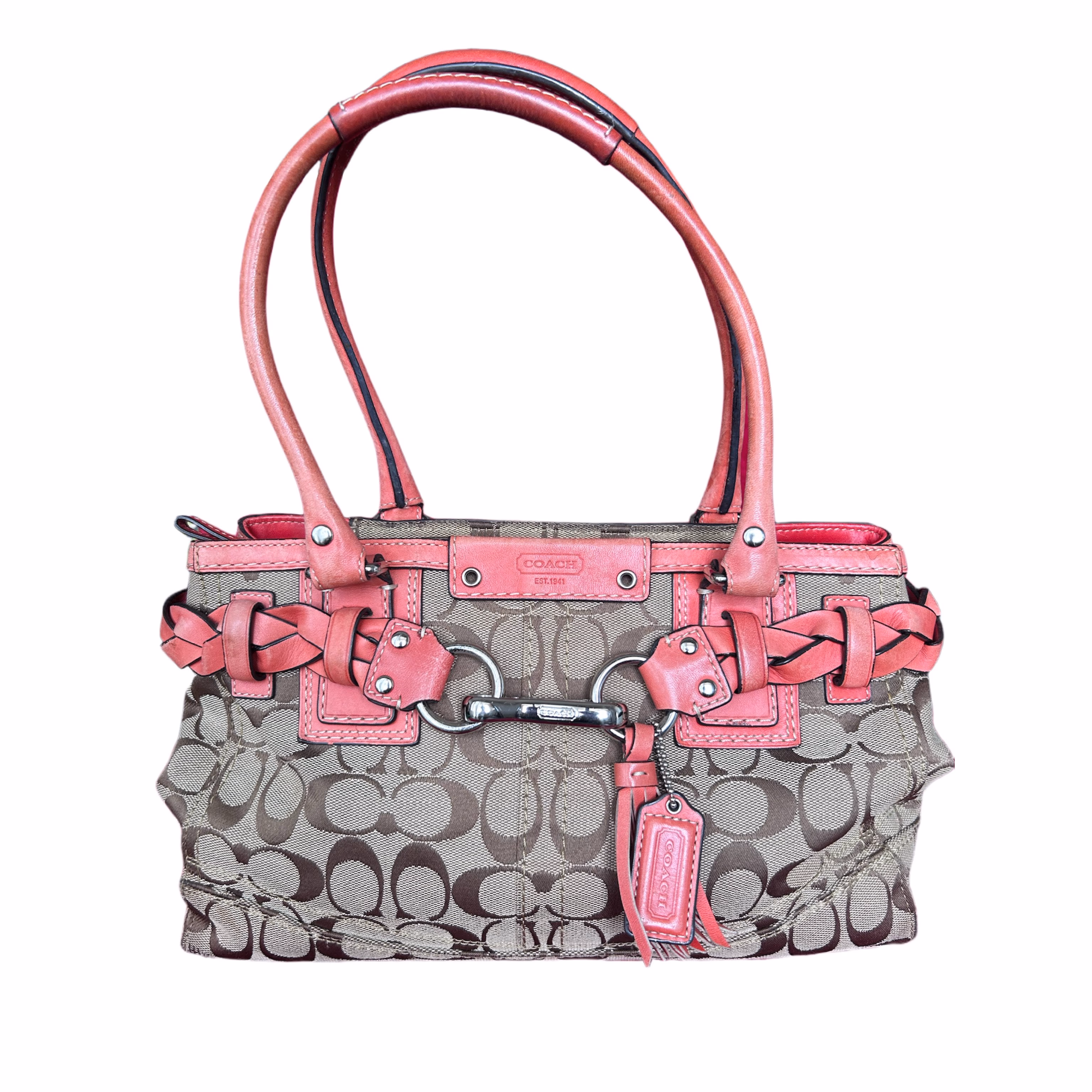 COACH Signature Canvas Shoulder Bag Pink Braided Leather Tassel Satchel Purse Y2K