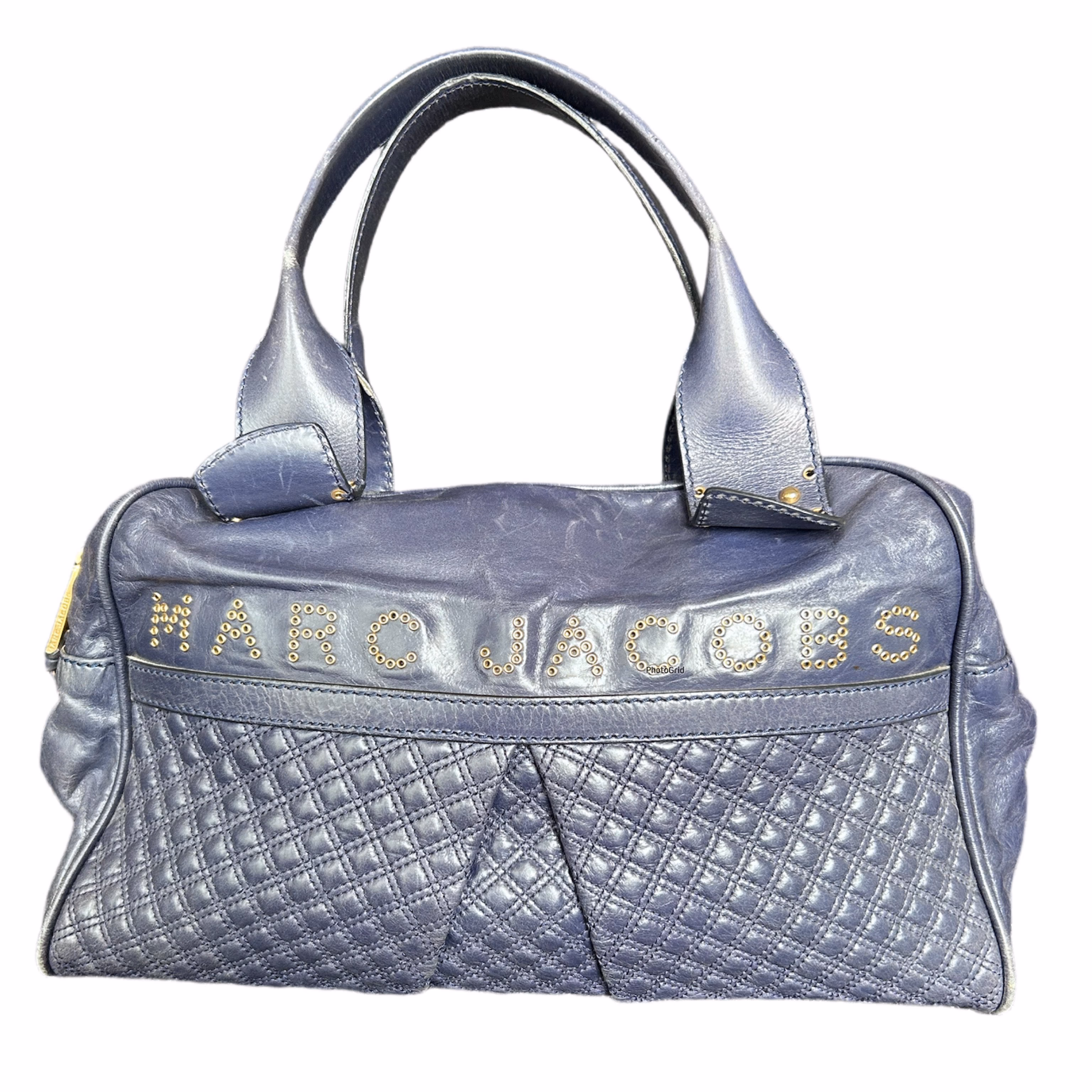 Marc Jacobs Vintage Studded Logo Quilted Leather Satchel Bag Blue Top Handle
