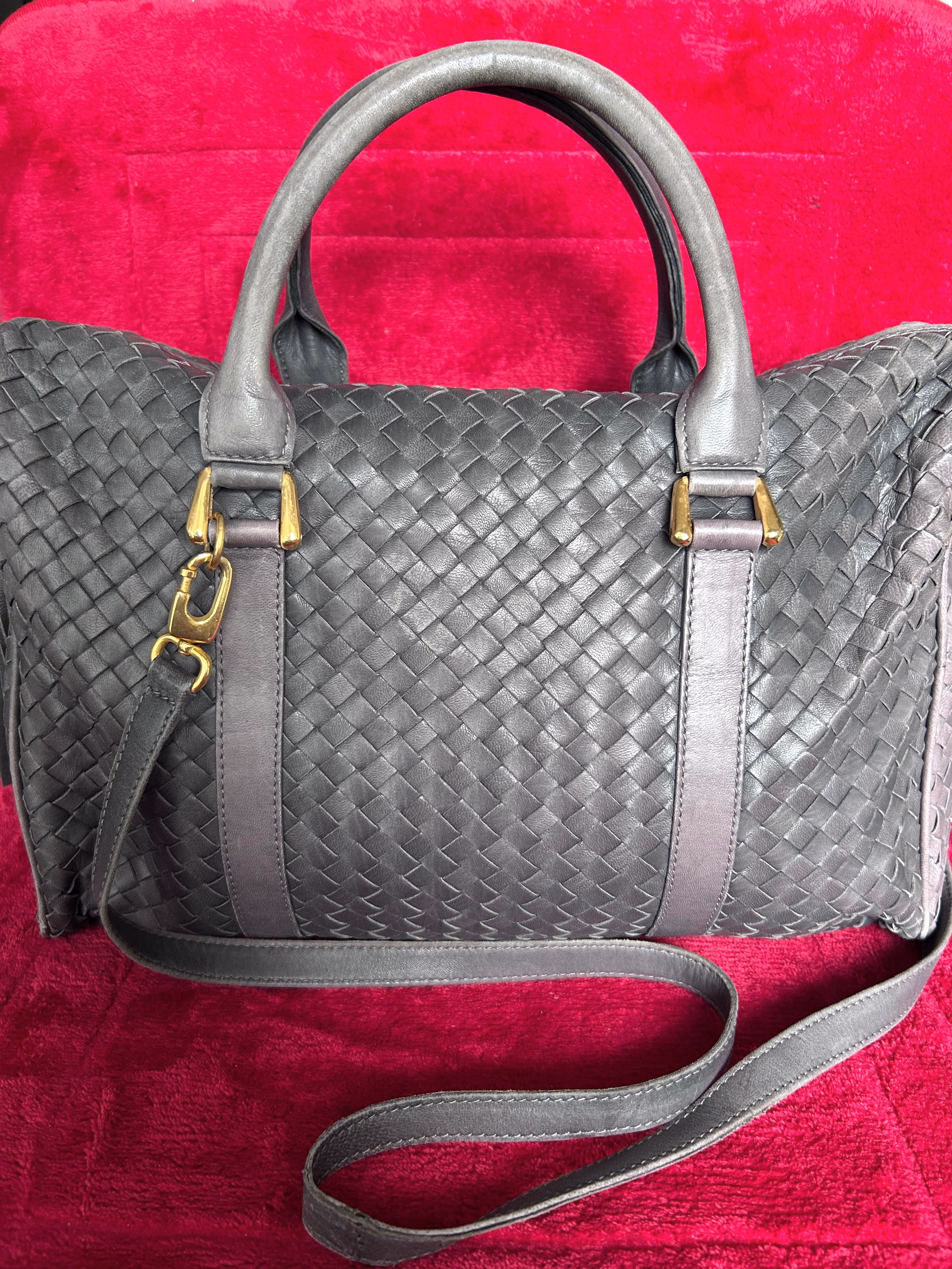 COSCI Italy Vintage Woven Leather Satchel Bag Grey Intrecciato Shoulder Tote
