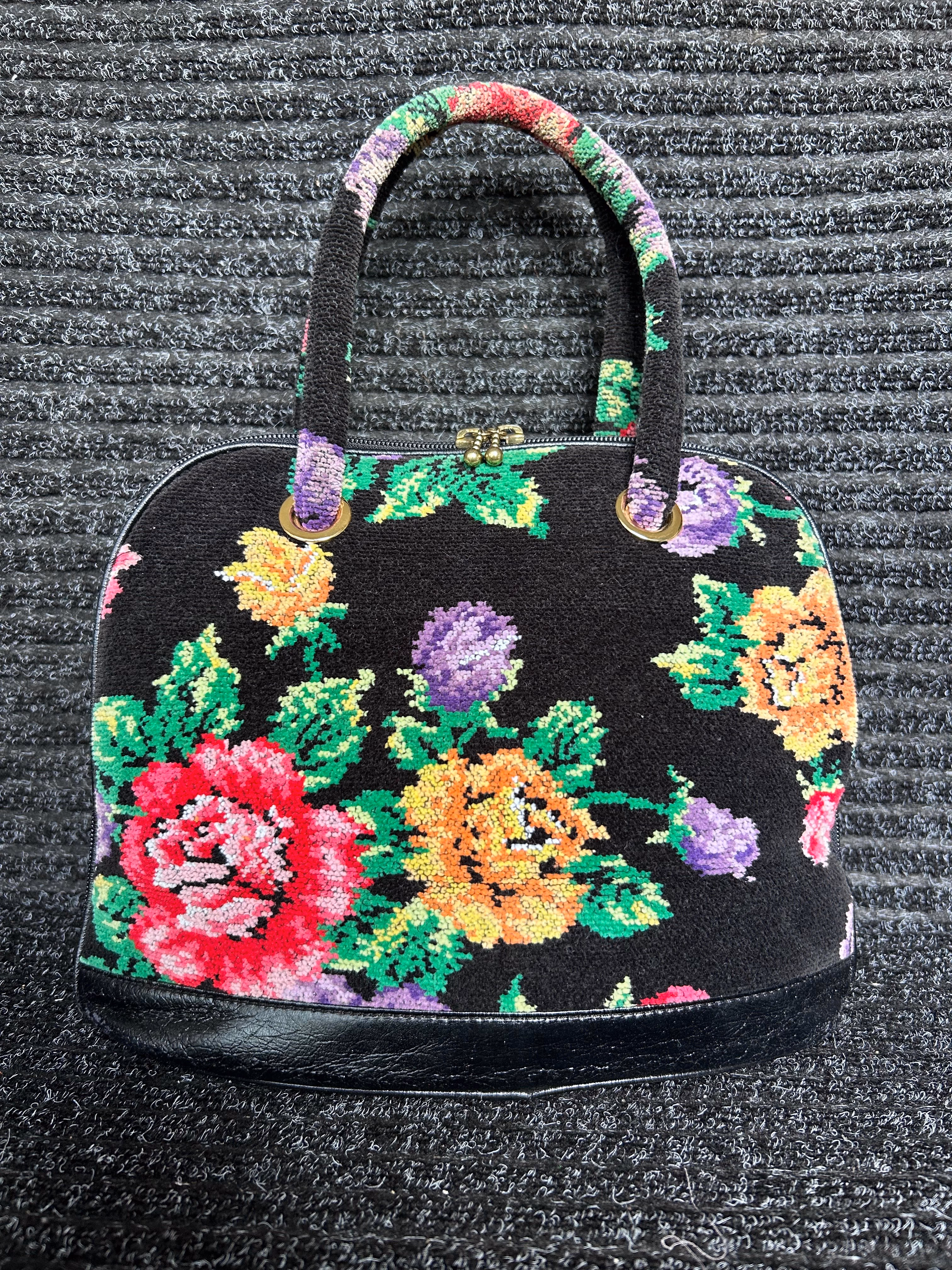 Vintage Japanese Chenille Tapestry Floral Top Handle Bag Black