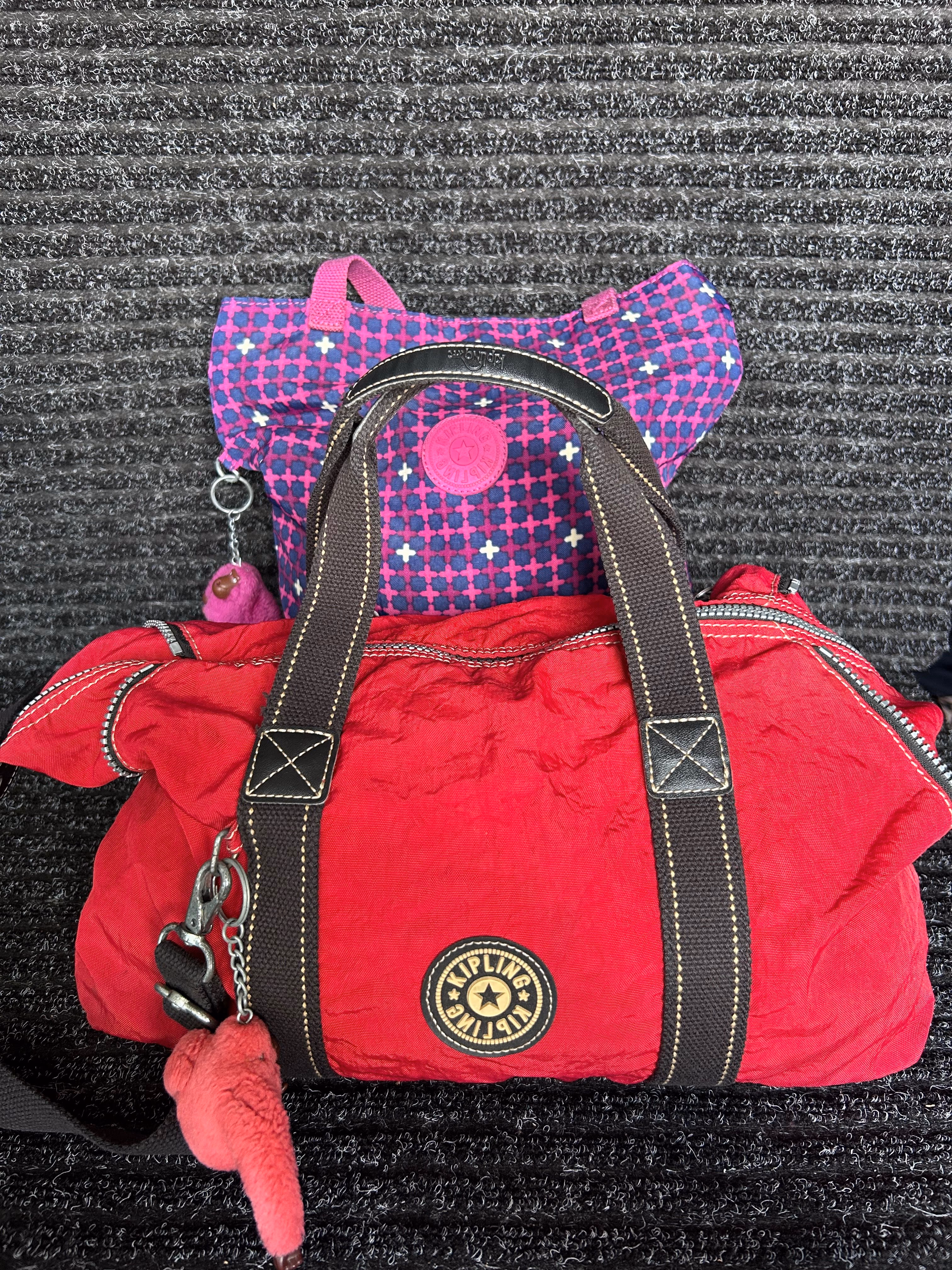 Kipling Bag Lot - Red Defea Duffle Satchel & Patterned Cross/Plus Print Tote