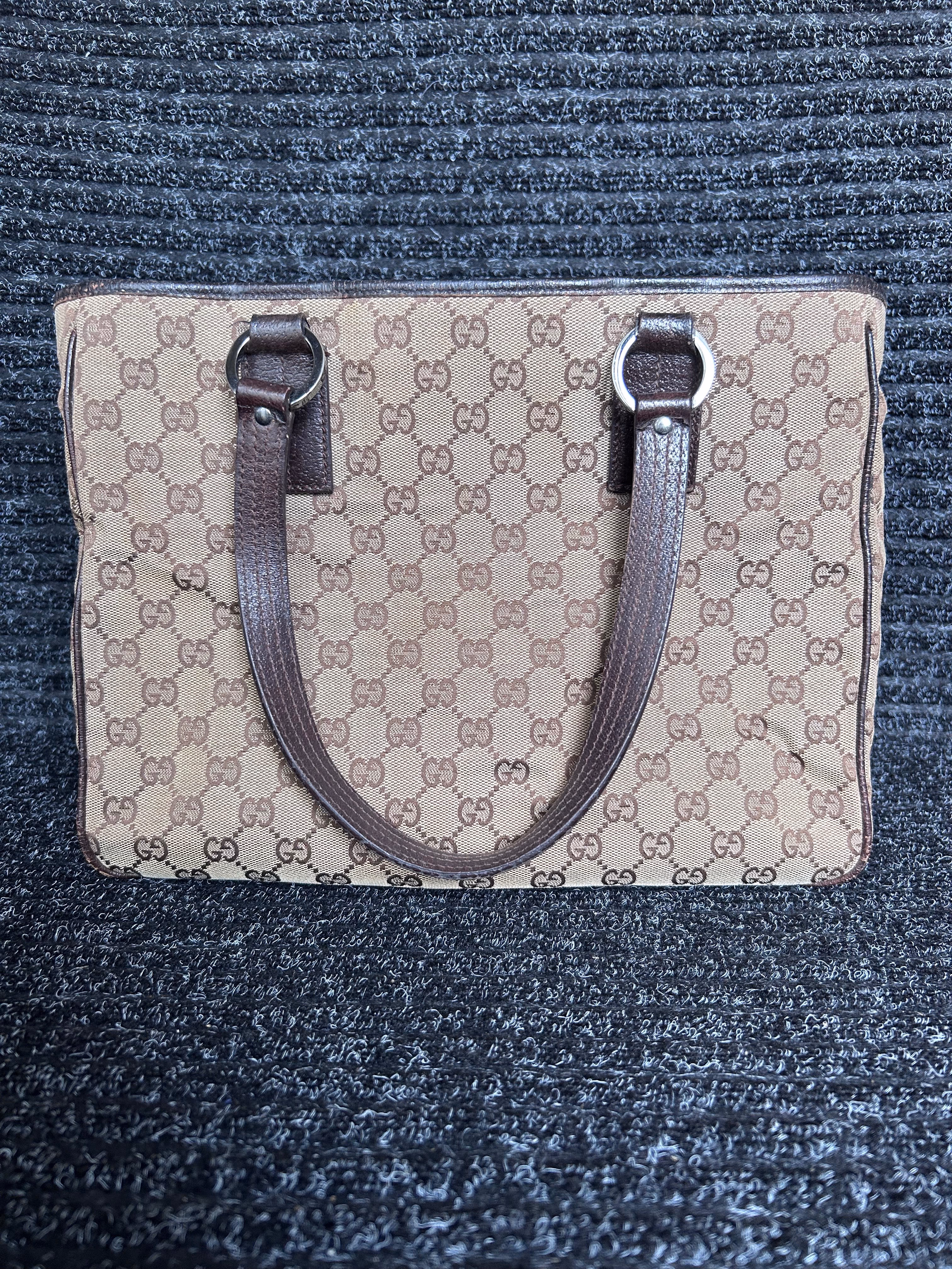 Vintage Gucci GG Canvas Tote Bag Brown Leather Shoulder Bag 113017