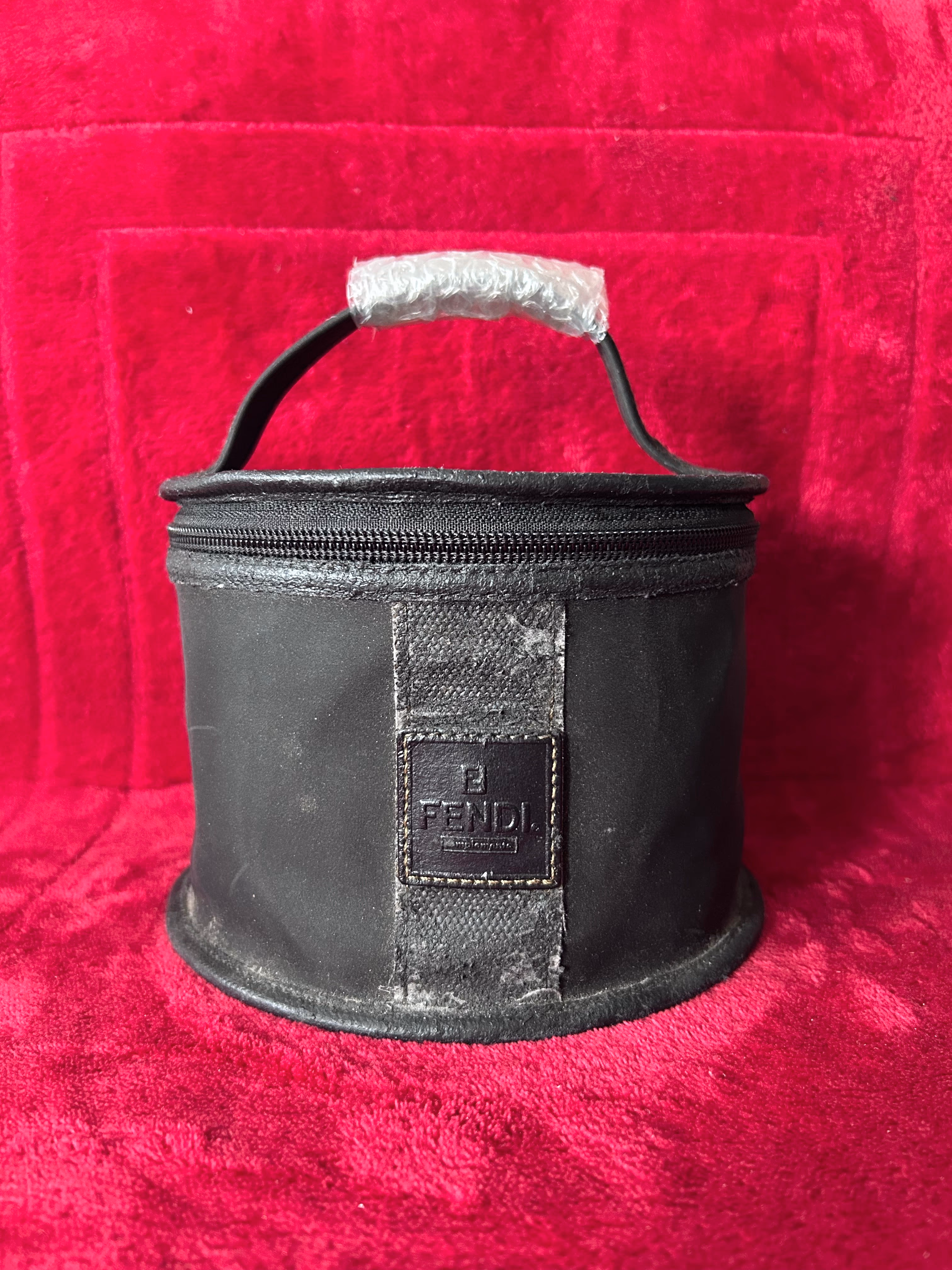 Vintage FENDI Black Canvas Round Vanity Case Cosmetic Bag Train Case
