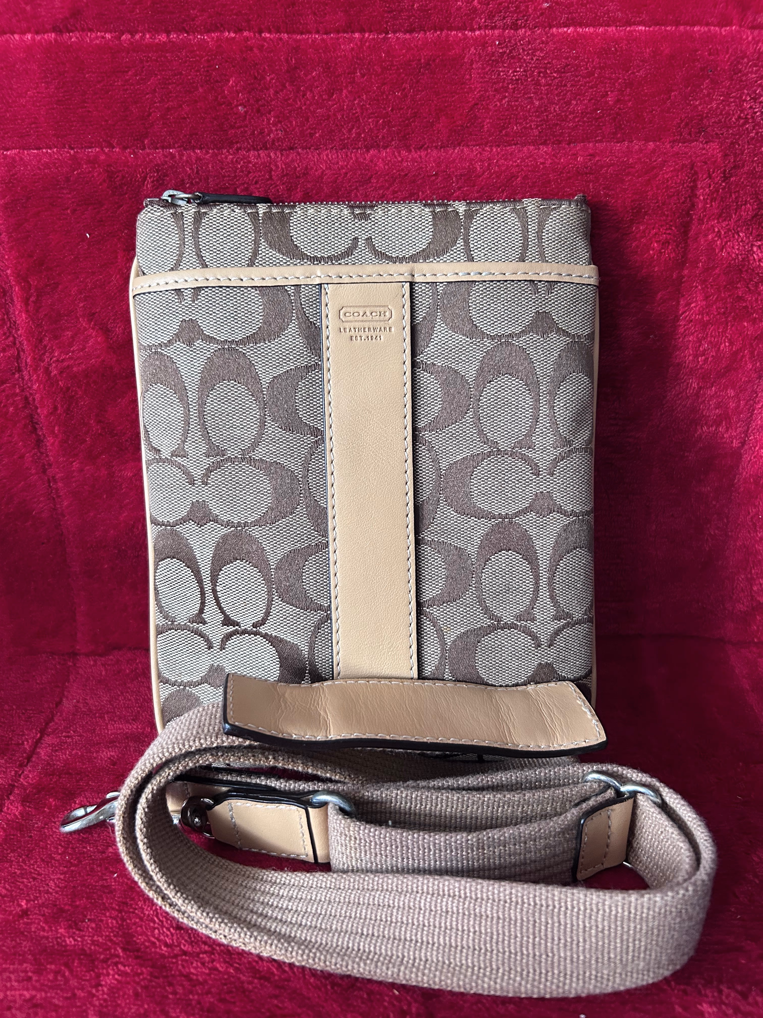 Coach Heritage Signature Stripe Flight Bag Crossbody Tan Brown with Orange Lining