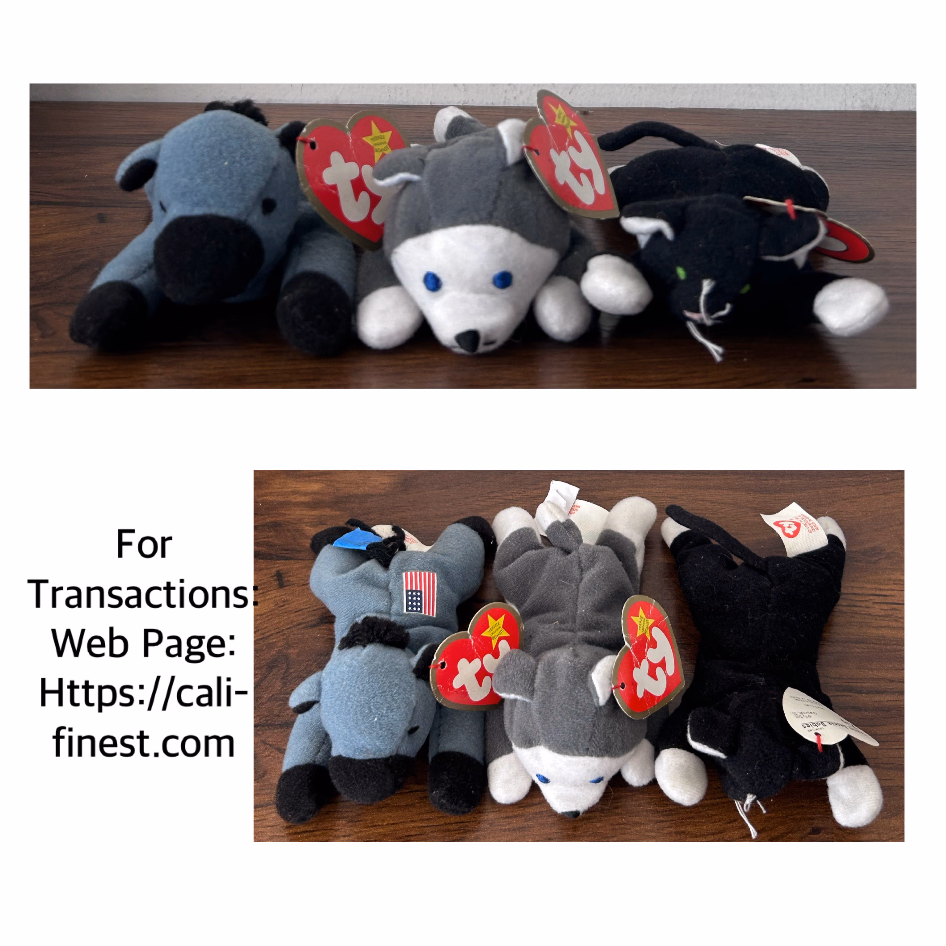 Ty Teenie Beanie Baby Donkey, Husky, Cat Collection