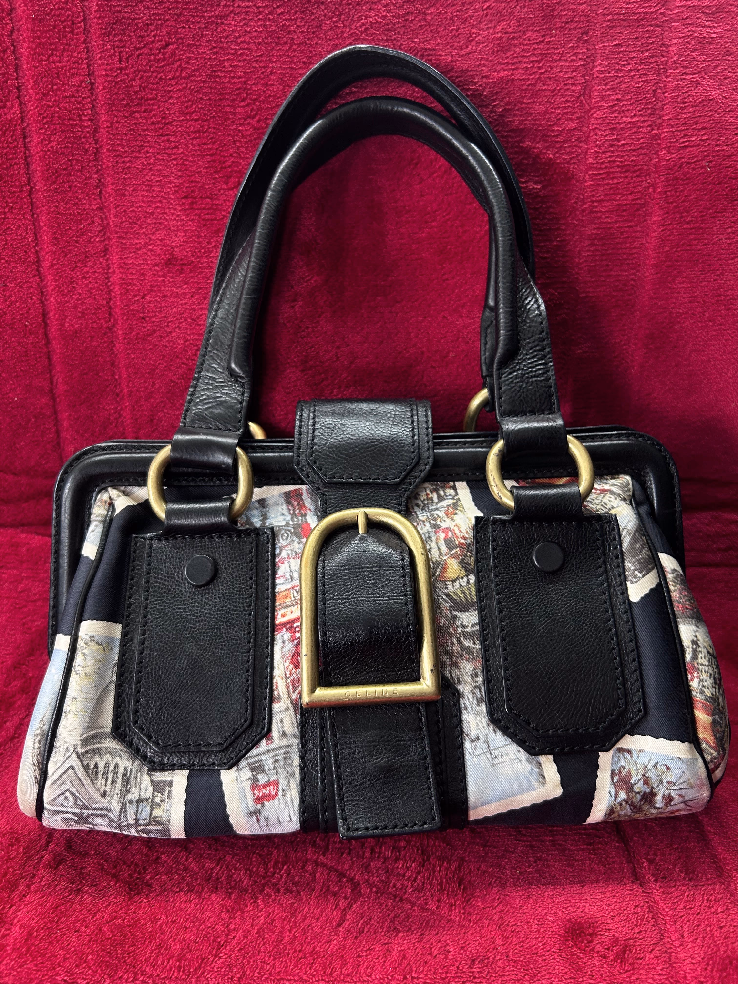 Celine Black Printed Fabric and Leather Ella Satchel