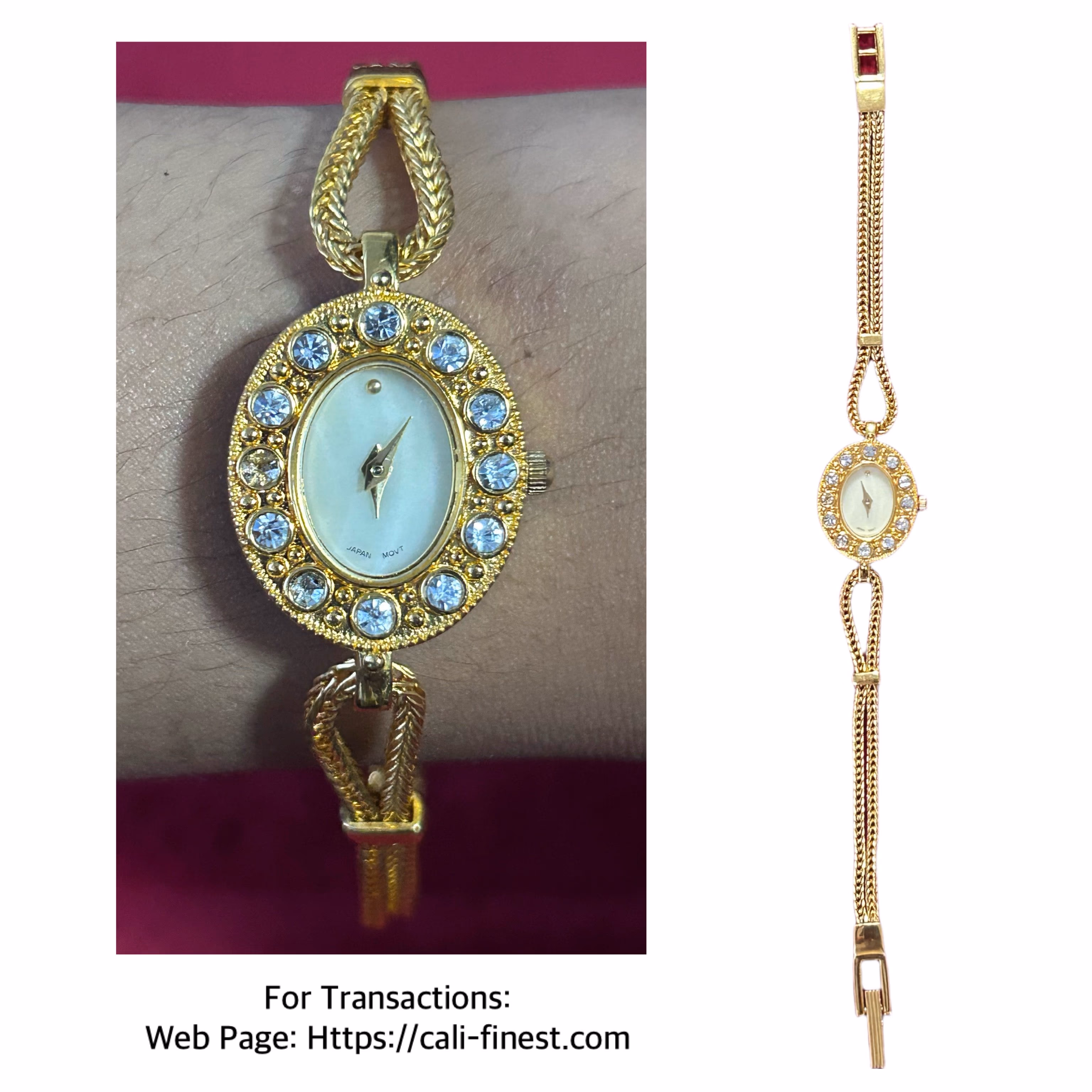 vintage Avon gold-tone watch features a distinct oval bezel adorned with rhinestones and a double wheat chain band