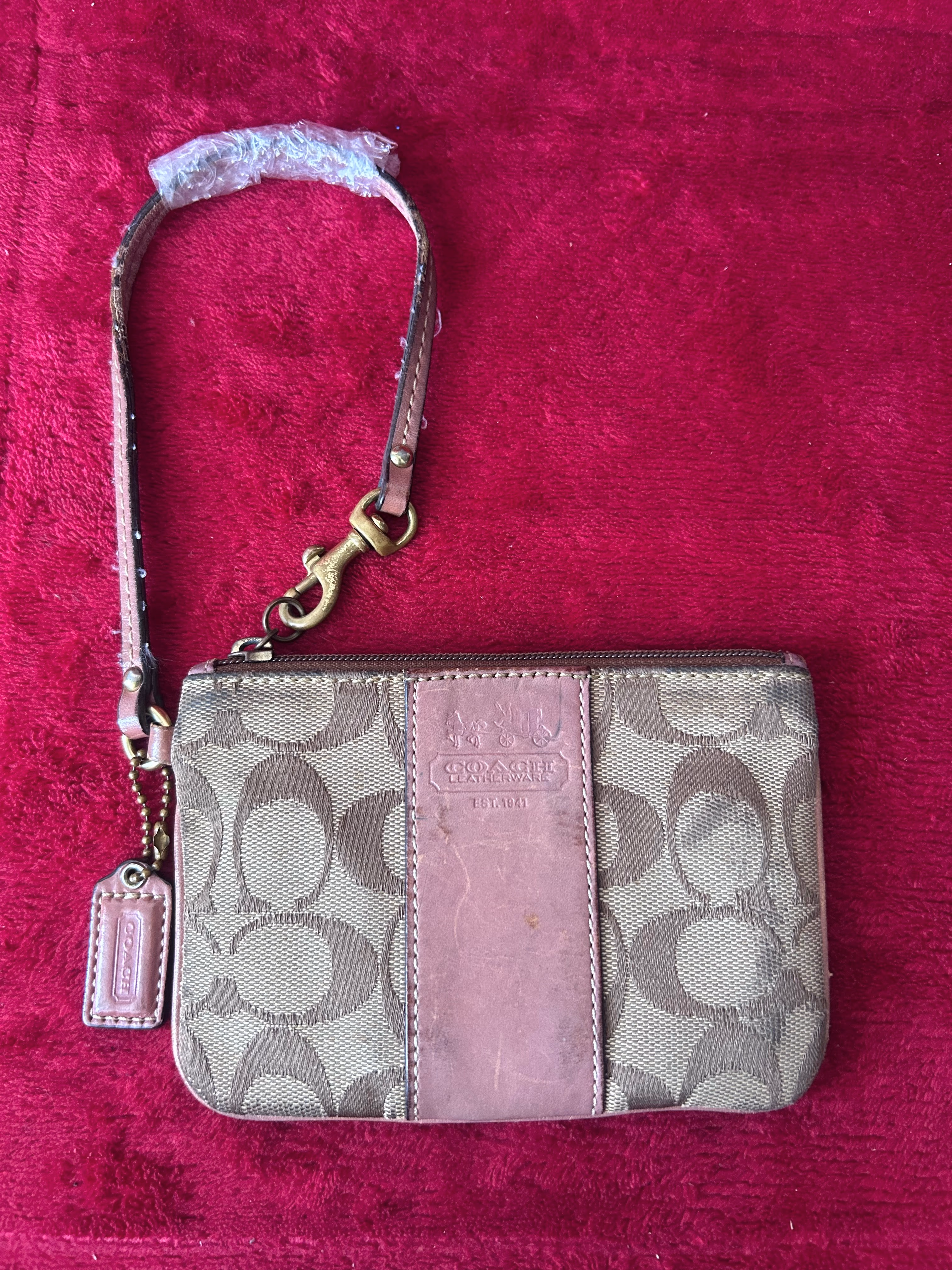 Vintage Coach Signature Jacquard Wristlet Khaki Pink Leather Stripe Pouch Y2K