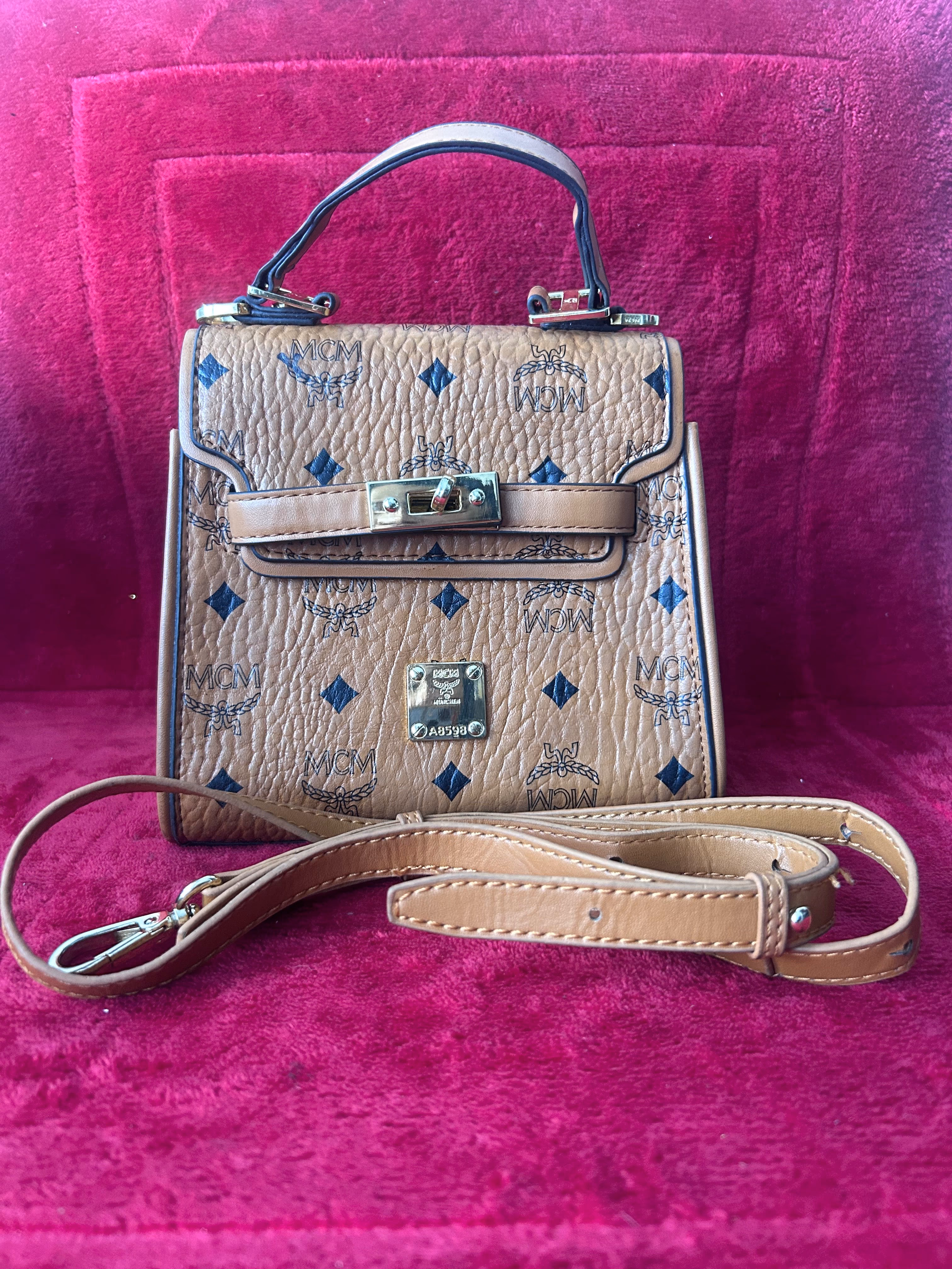 "MCM Style Vintage 'Kelly' Mini Top-Handle Crossbody Bag in Cognac Visetos Monogram"